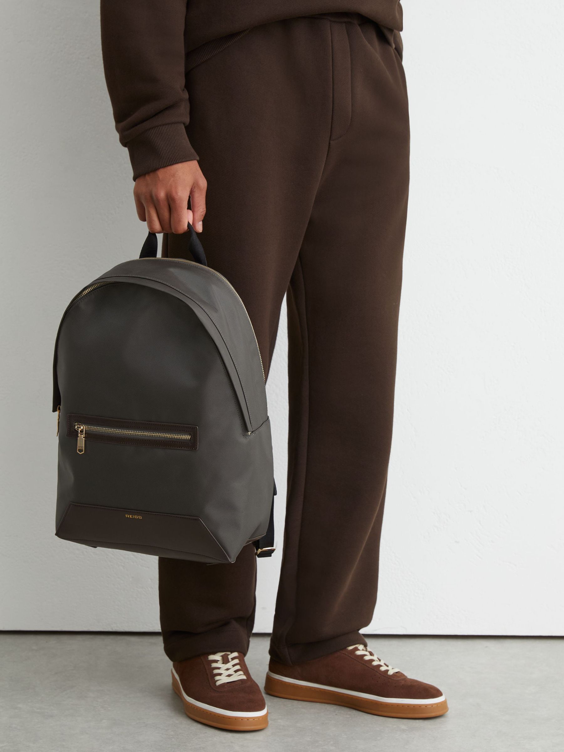Woven Zipped Backpack in Moss Green - Image 4 of 8