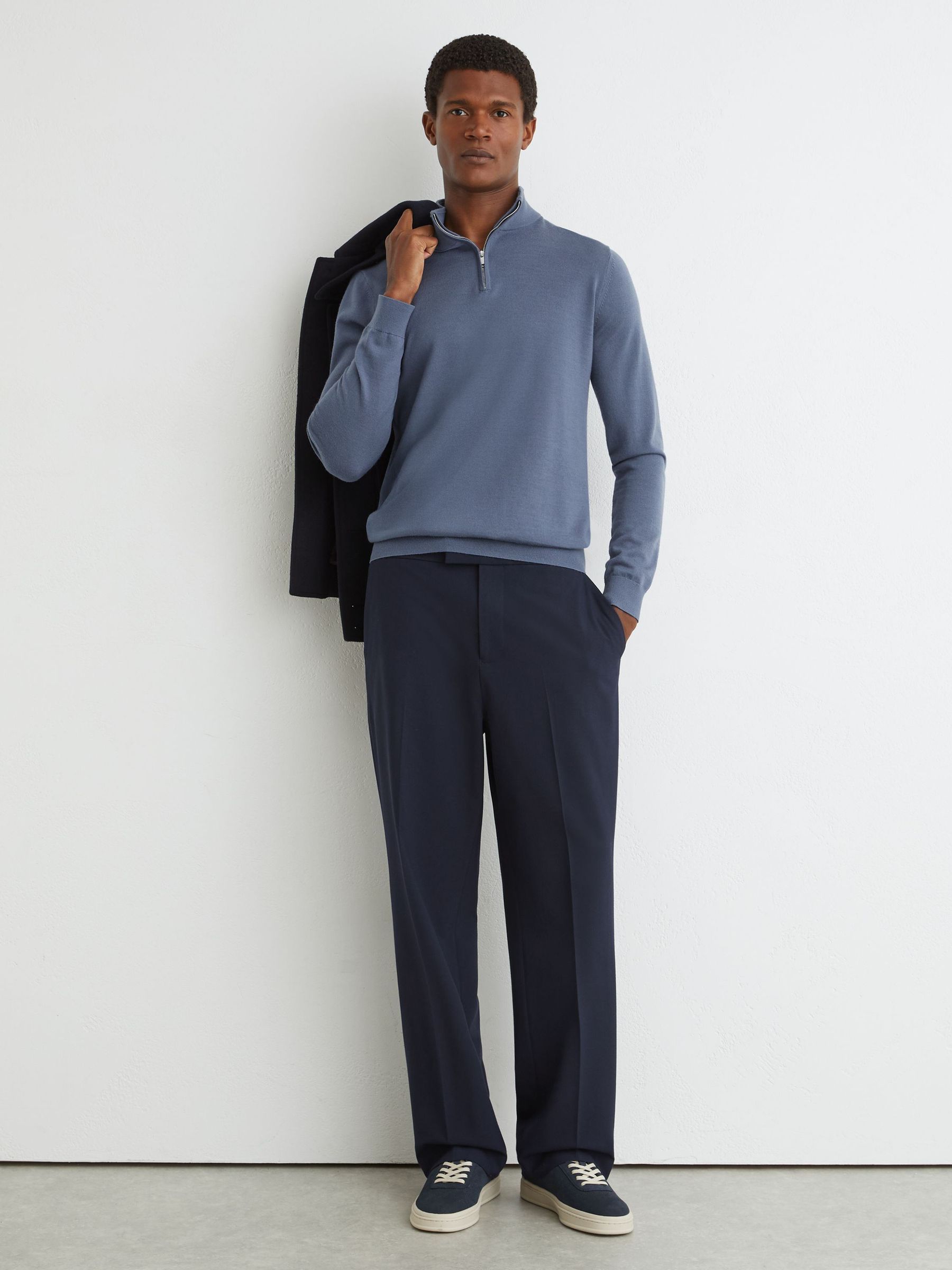 Merino Wool Half-Zip Funnel-Neck Jumper in Airforce Blue/Oatmeal - Image 1 of 6