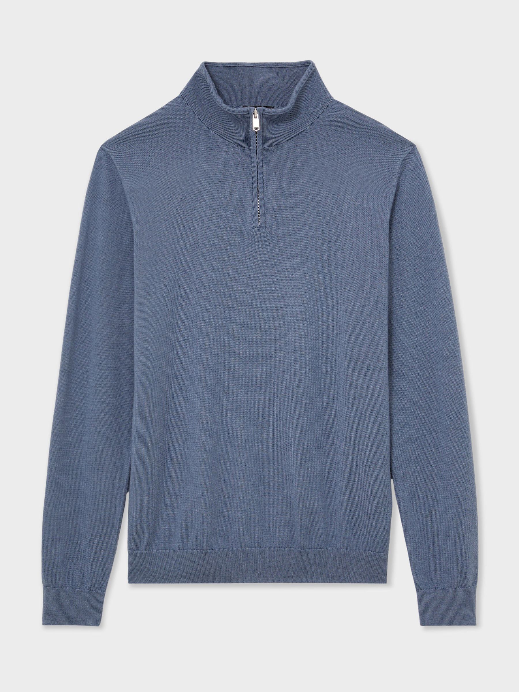 Merino Wool Half-Zip Funnel-Neck Jumper in Airforce Blue/Oatmeal - Image 2 of 6