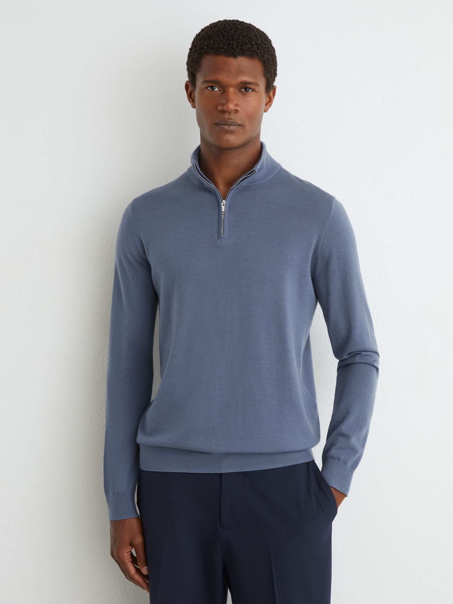 Merino Wool Half-Zip Funnel-Neck Jumper in Airforce Blue/Oatmeal - Image 3 of 6
