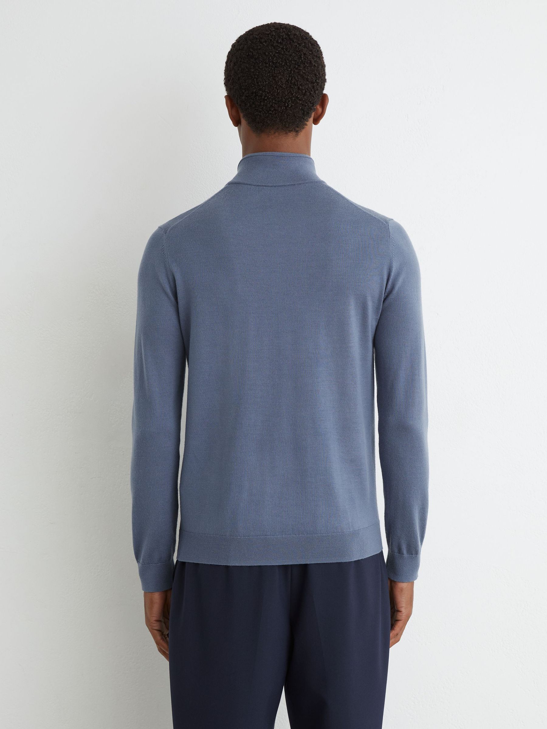 Merino Wool Half-Zip Funnel-Neck Jumper in Airforce Blue/Oatmeal - Image 5 of 6