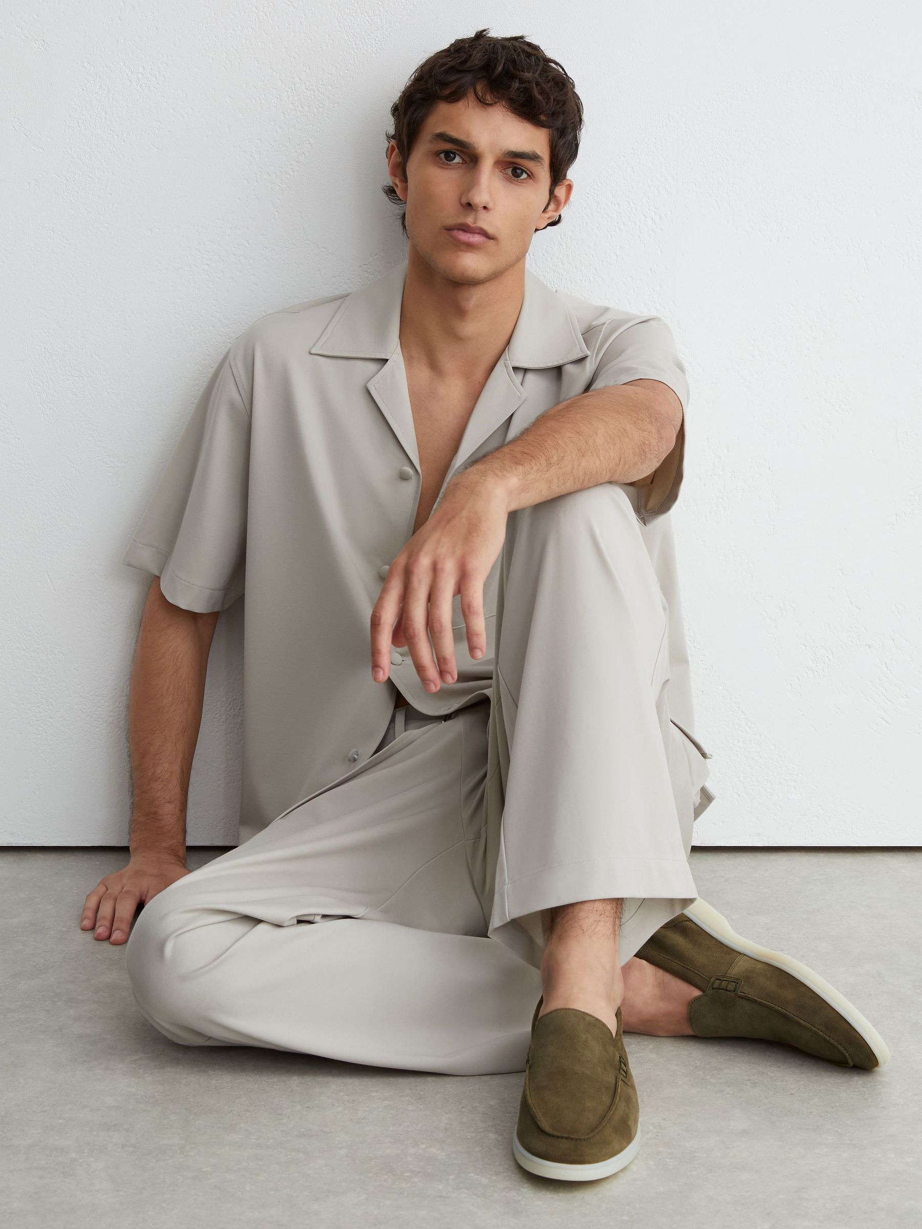 Suede Slip-On Loafers in Olive Green - Image 1 of 5