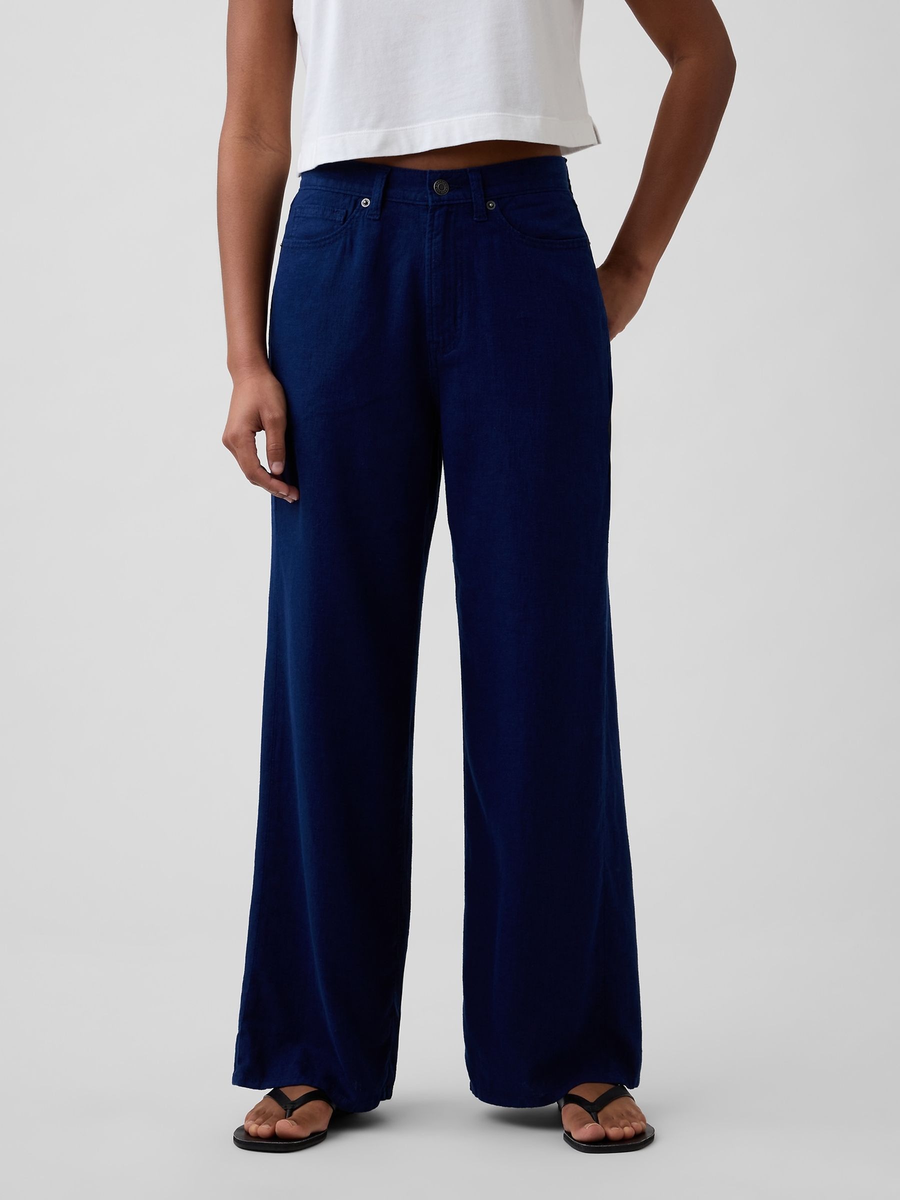 Blue Mid Rise Linen-Blend Wide-Leg Trousers - Image 1 of 4