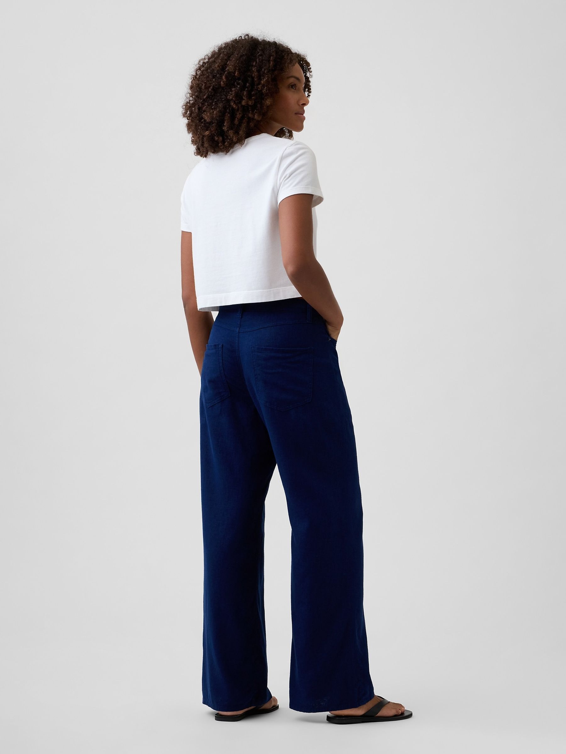 Blue Mid Rise Linen-Blend Wide-Leg Trousers - Image 2 of 4
