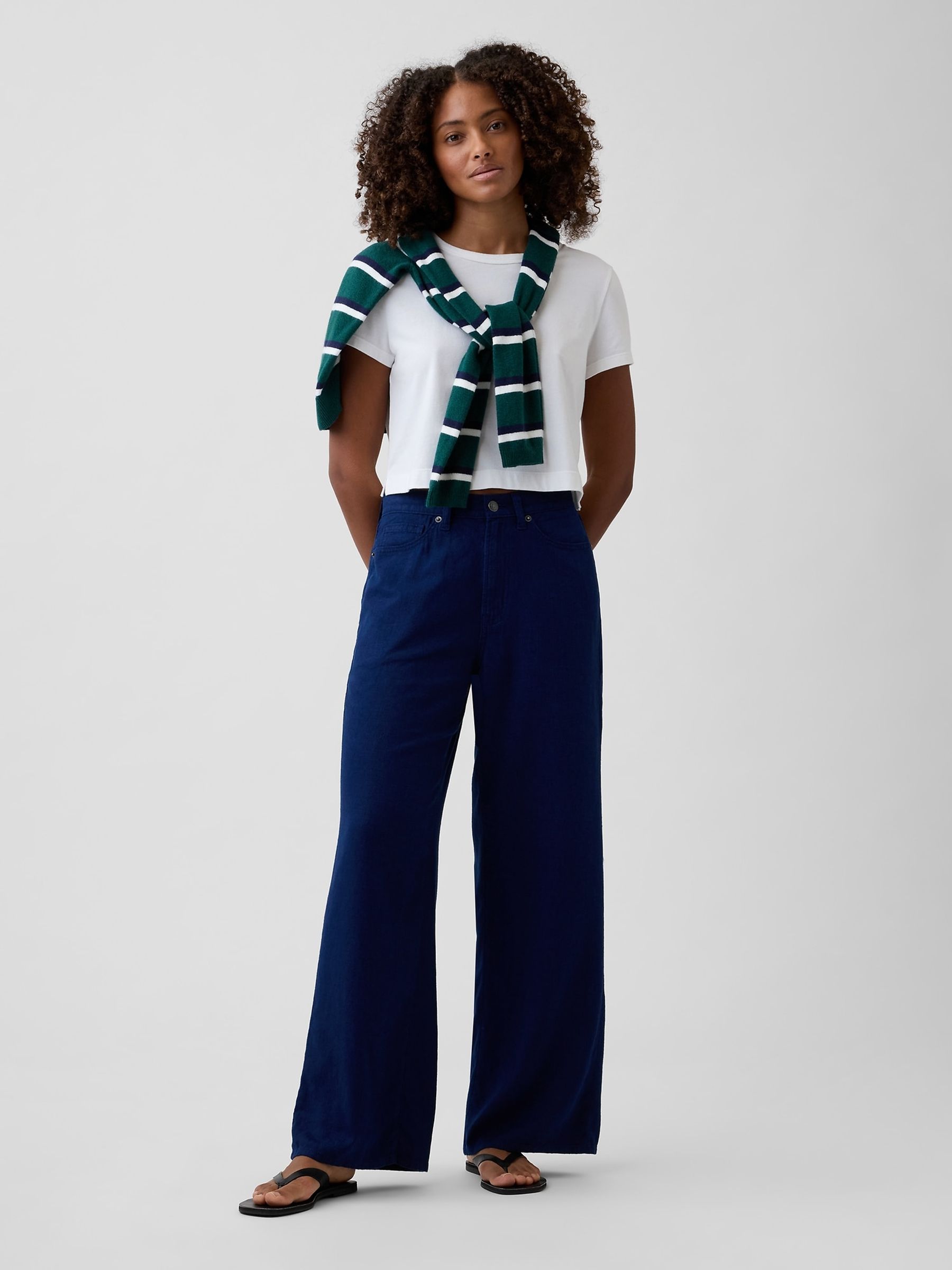 Blue Mid Rise Linen-Blend Wide-Leg Trousers - Image 3 of 4