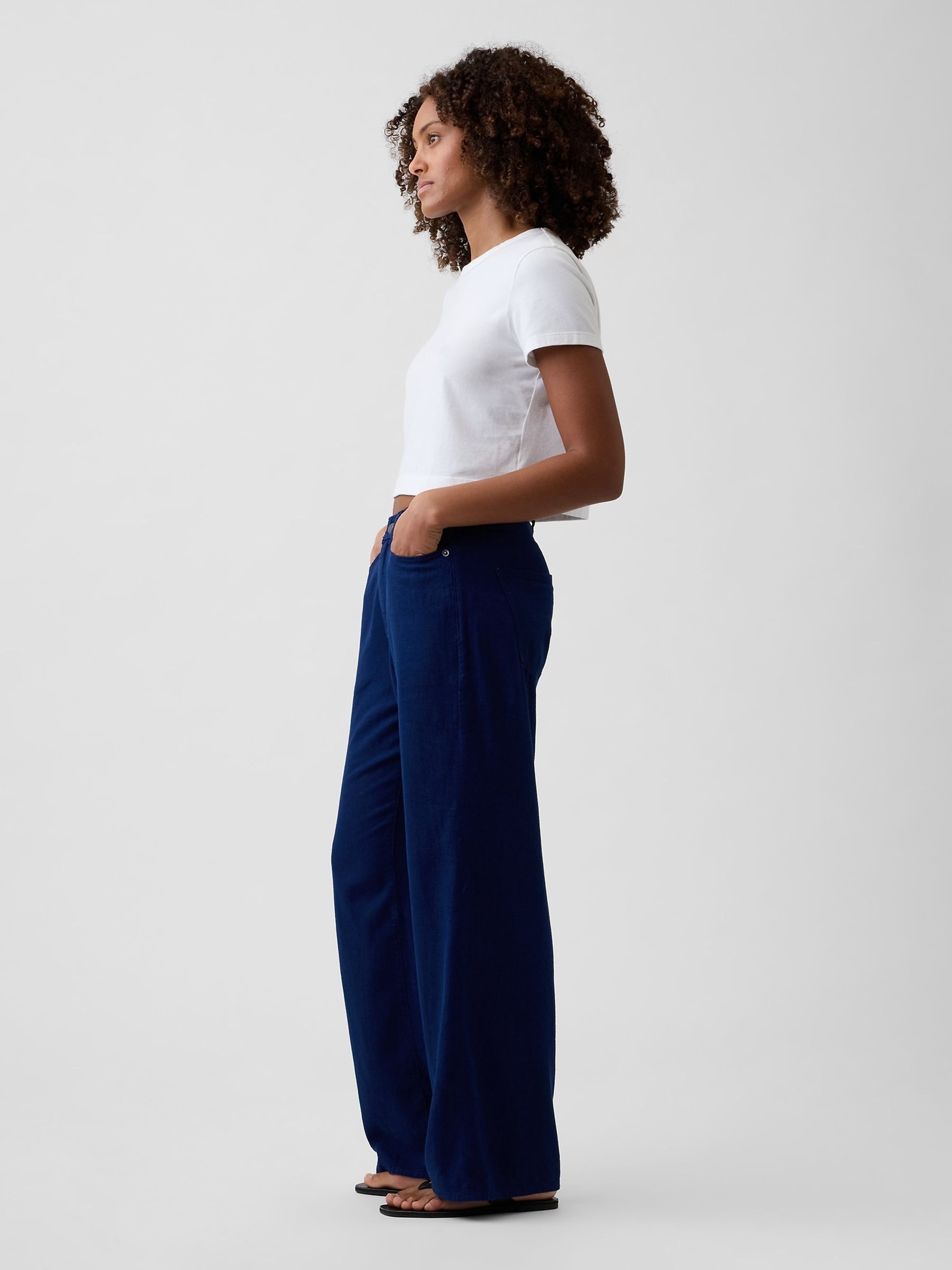 Blue Mid Rise Linen-Blend Wide-Leg Trousers - Image 4 of 4