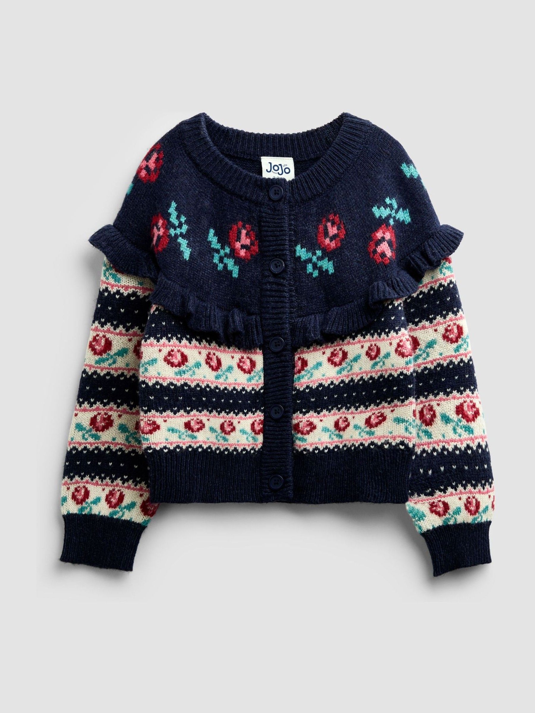 Navy Blue Rose Fairisle Frilled Cardigan - Image 1 of 4 Navy Blue Rose Fairisle Frilled Cardigan - Image 1 of 4