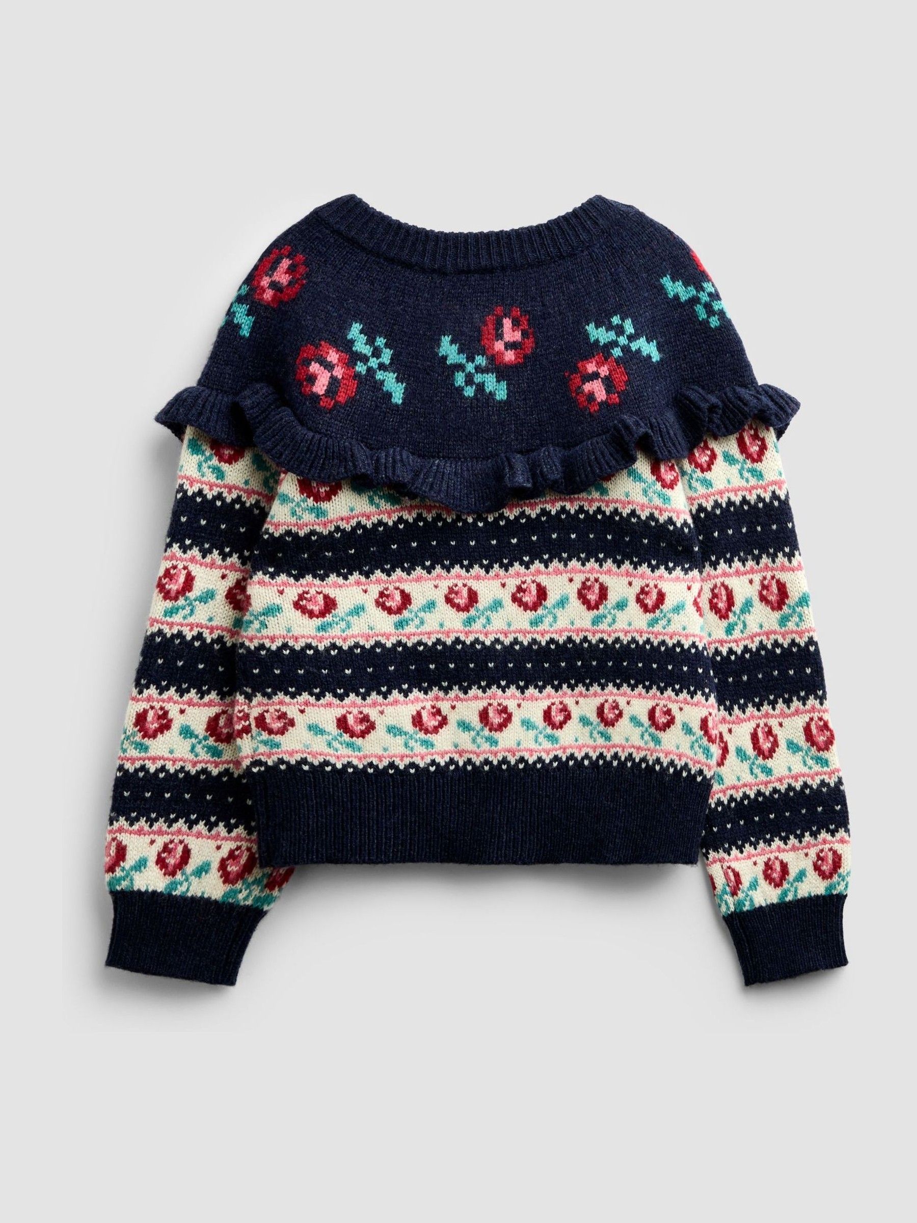 Navy Blue Rose Fairisle Frilled Cardigan - Image 2 of 4