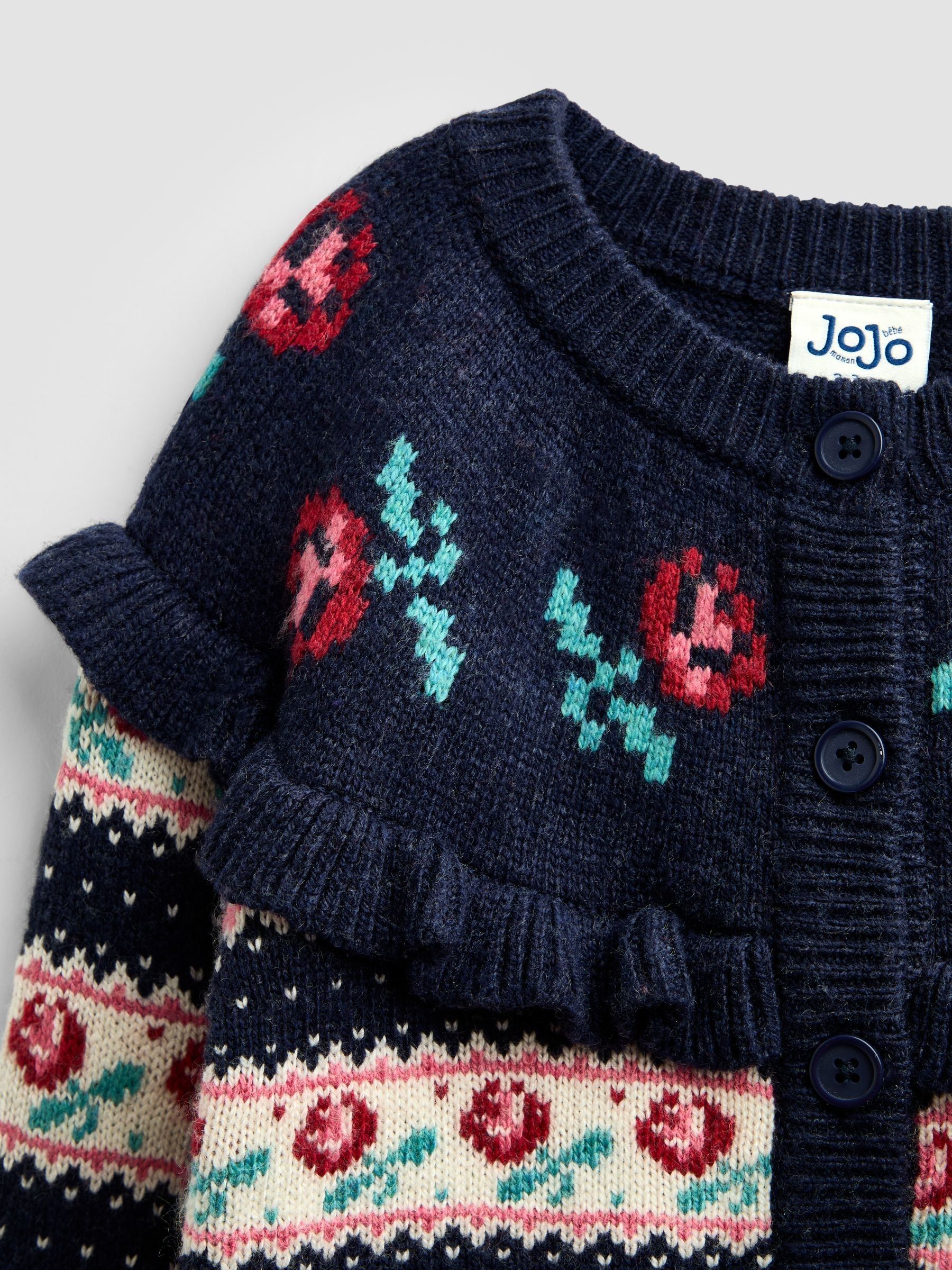 Navy Blue Rose Fairisle Frilled Cardigan - Image 3 of 4