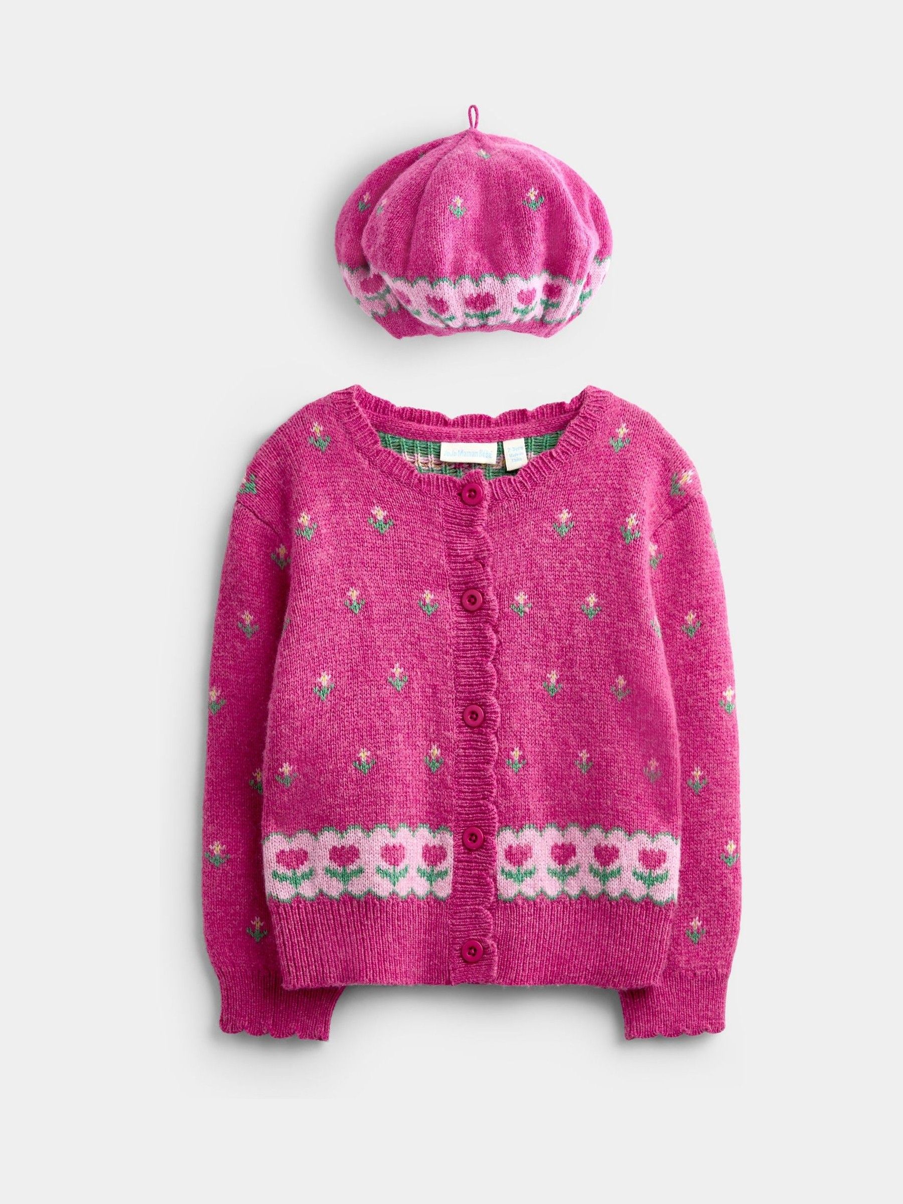Fuchsia Pink Floral Cardigan & Beret Set - Image 1 of 8