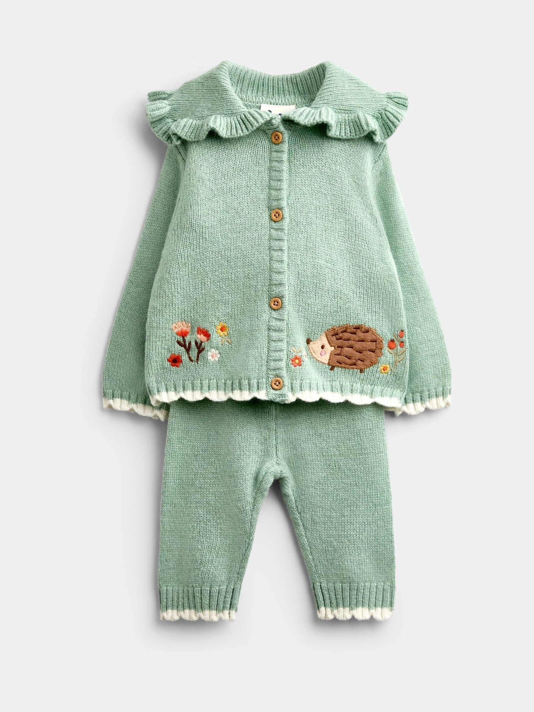 Sage Green Hedgehog Knit Cardigan, Leggings & Hat Set - Image 2 of 9