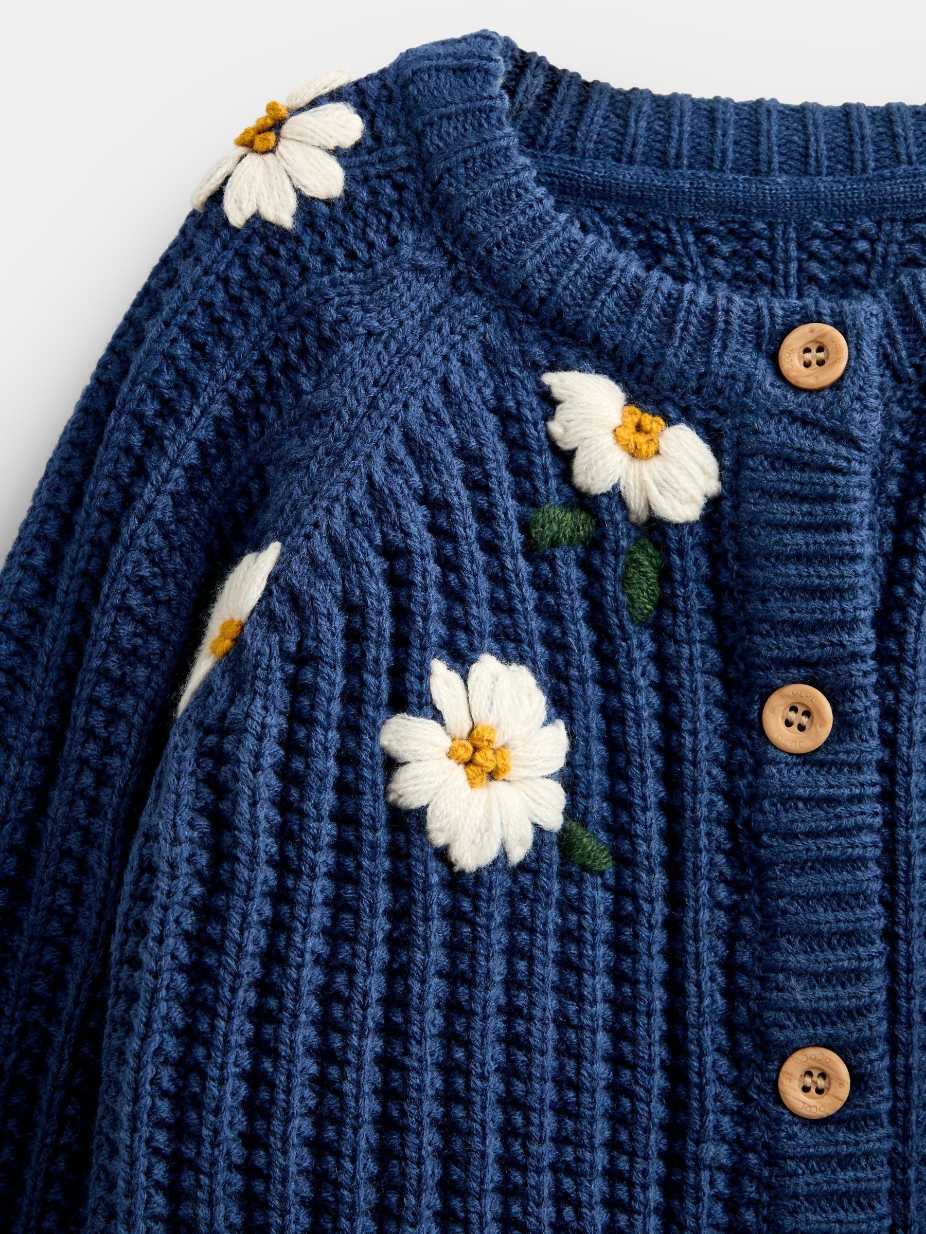 Mid Blue Floral Embroidered Rib Knit Cardigan - Image 3 of 4