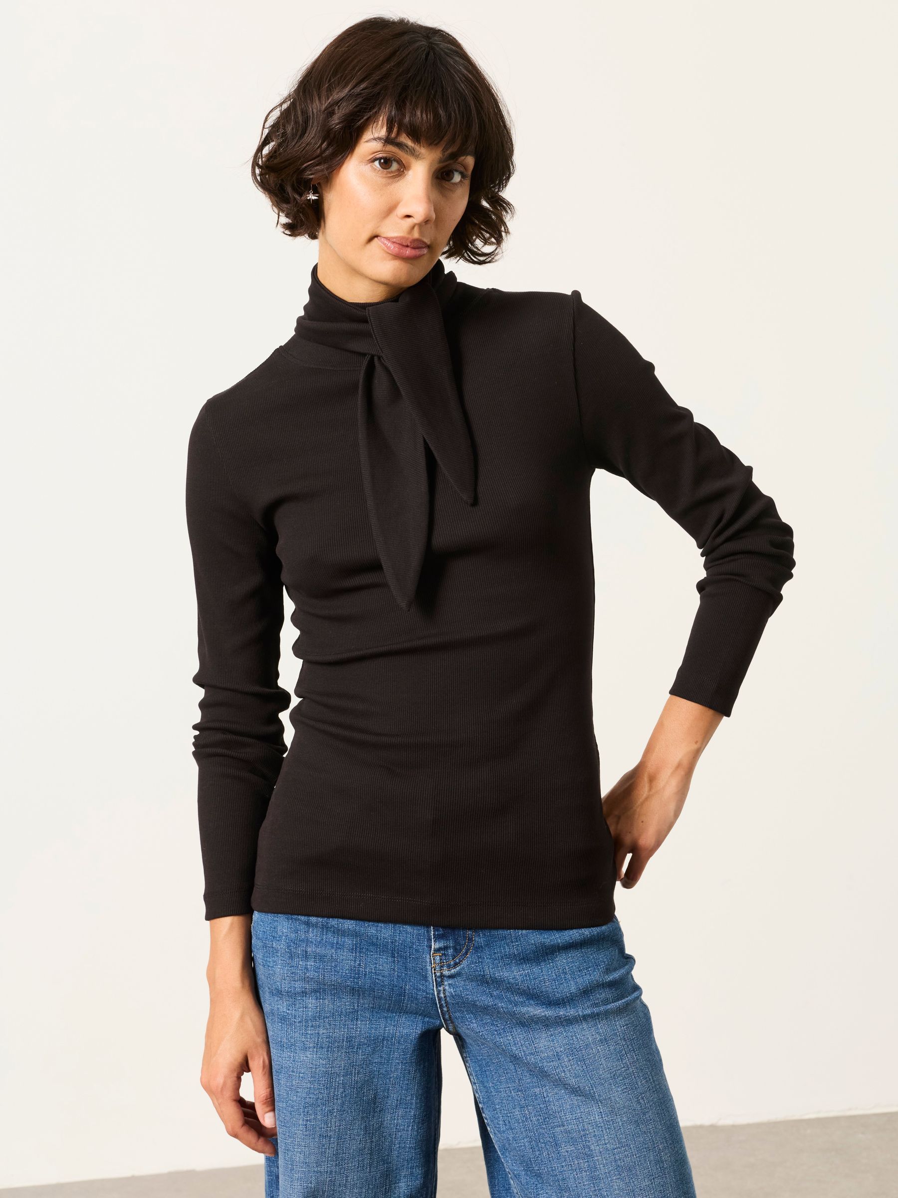 Selena Black Tie Neck Long Sleeve Top - Image 1 of 5