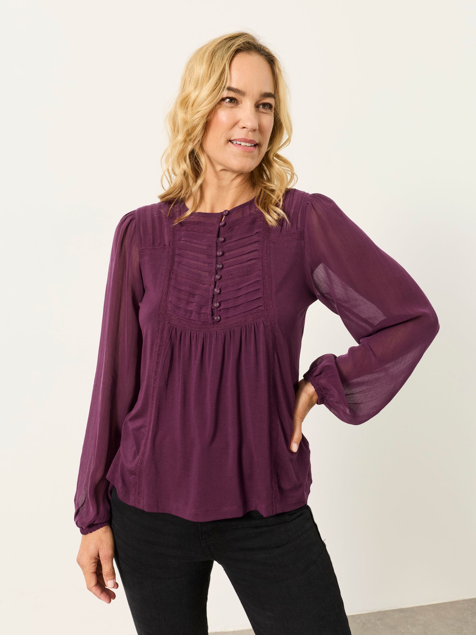 Winnie Plum Purple Woven Jersey Mix Top - Image 1 of 6 Winnie Plum Purple Woven Jersey Mix Top - Image 1 of 6
