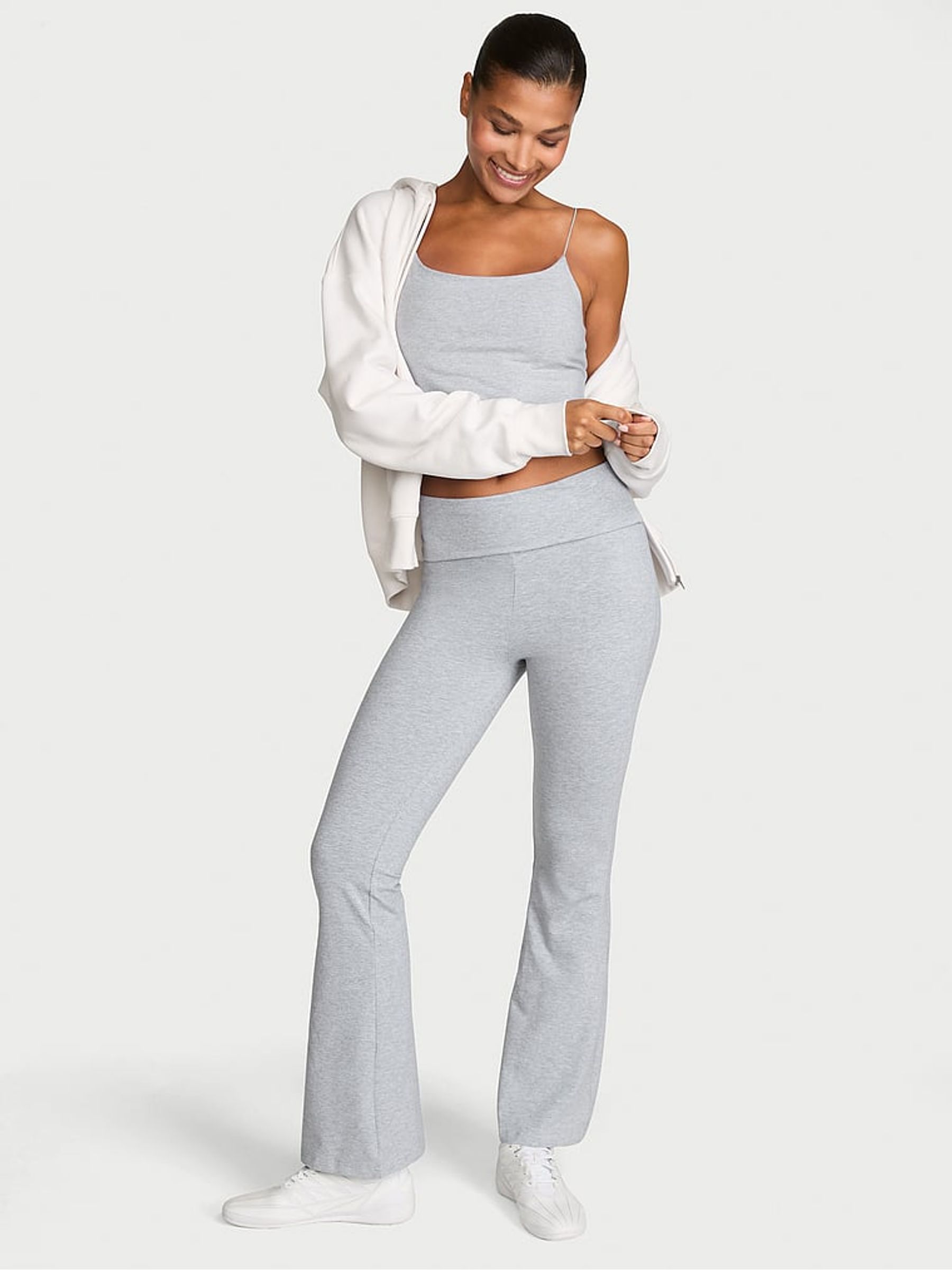 Medium Heather Grey Cotton Foldover Flare Leggings - Image 1 of 2 Medium Heather Grey Cotton Foldover Flare Leggings - Image 1 of 2