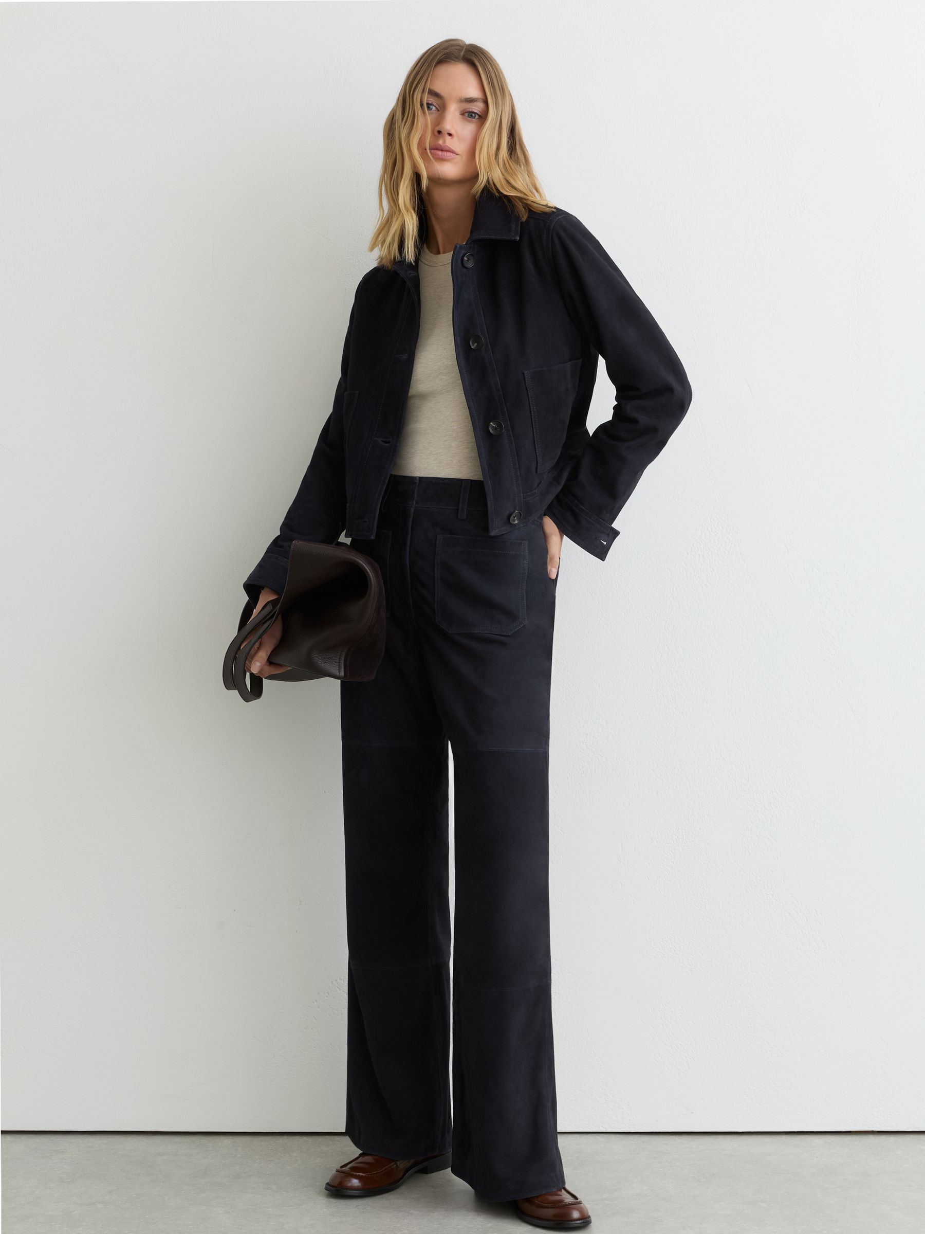 Suede Patch-Pocket Flared Trousers in Navy - Image 1 of 6