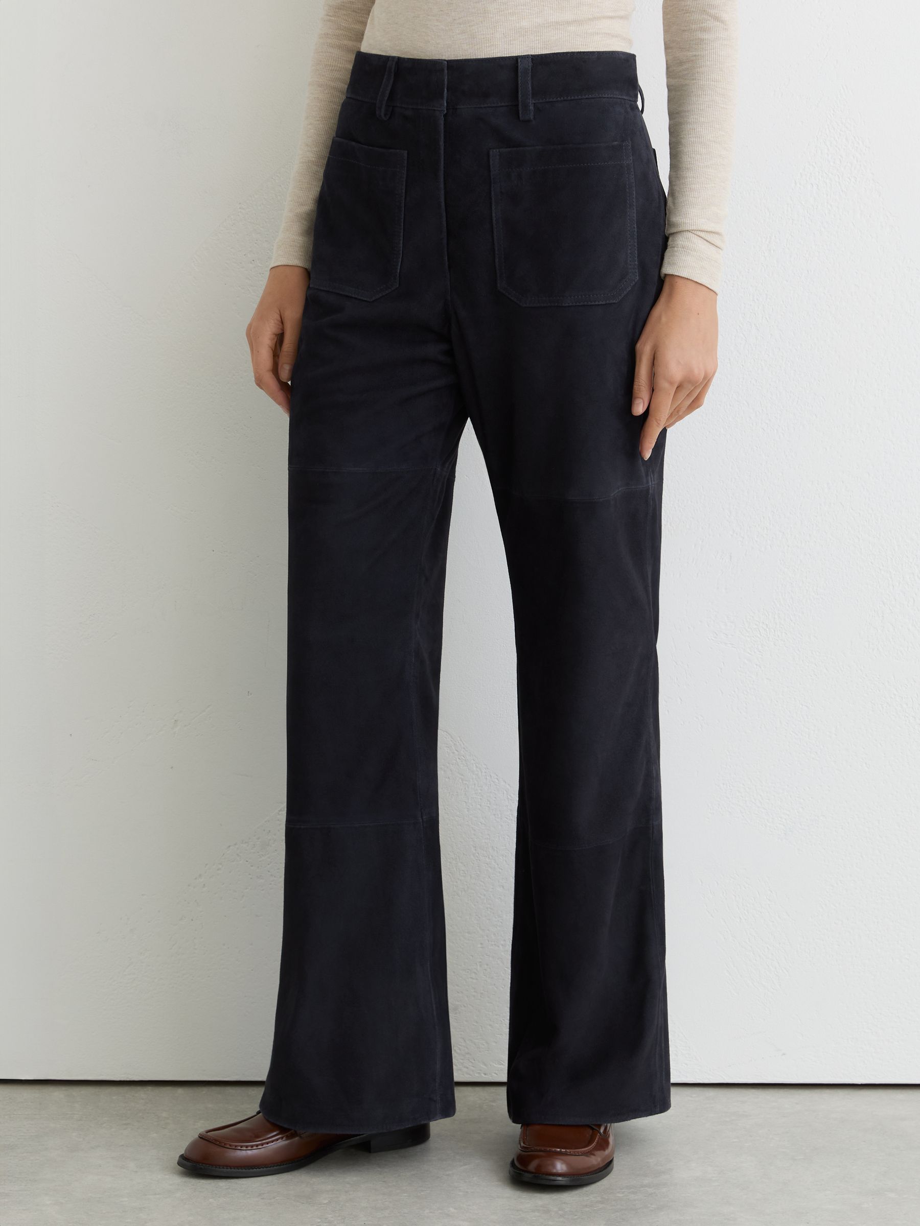 Suede Patch-Pocket Flared Trousers in Navy - Image 3 of 6