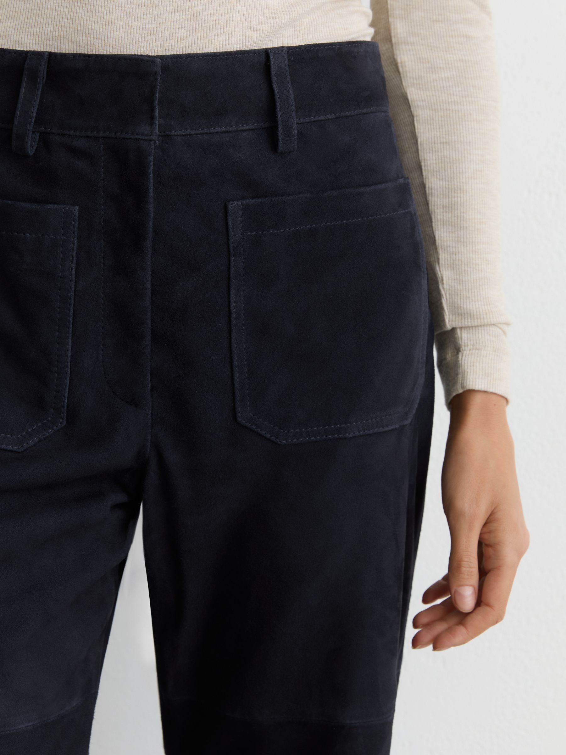 Suede Patch-Pocket Flared Trousers in Navy - Image 4 of 6