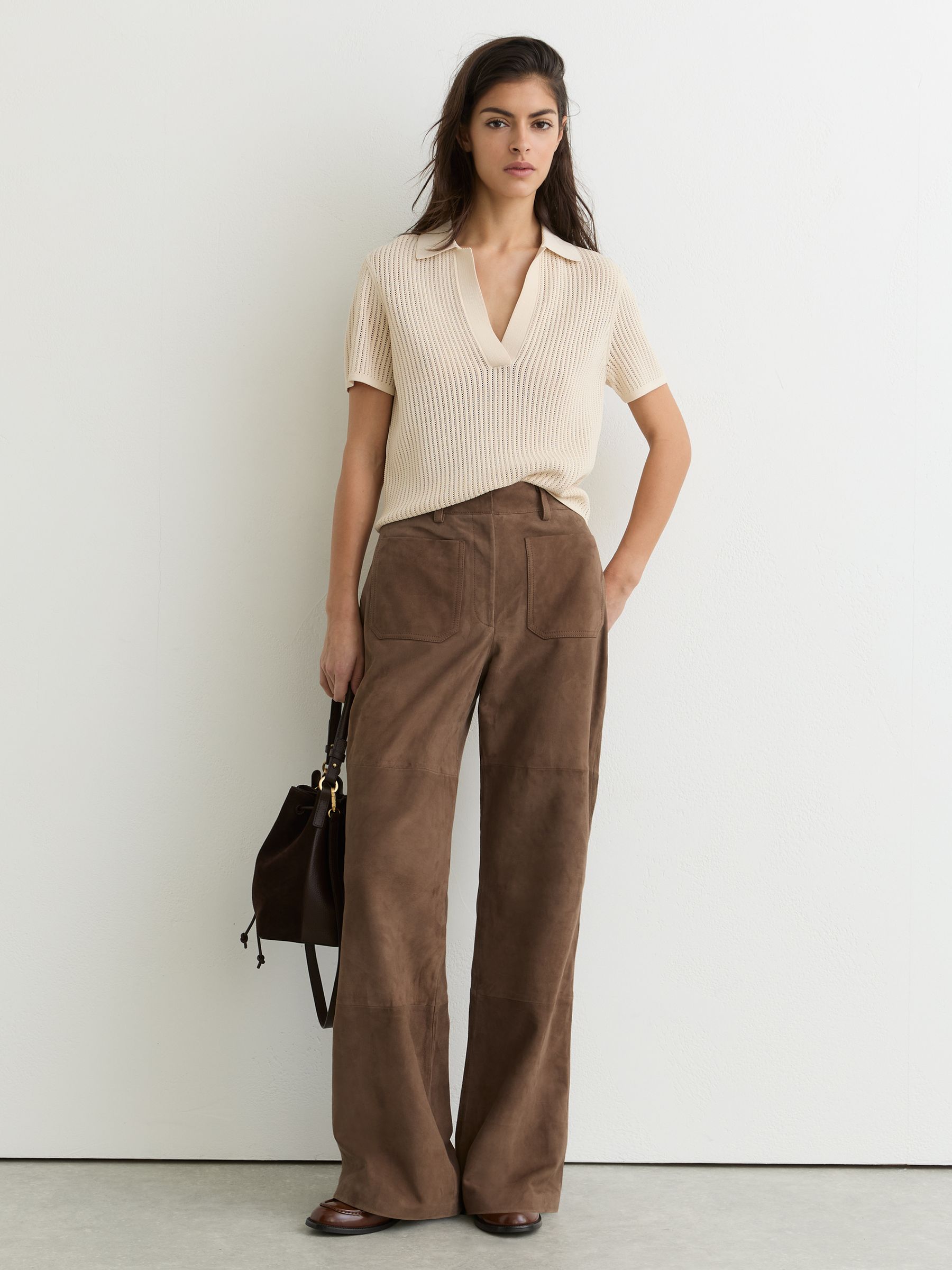 Suede Patch-Pocket Flared Trousers in Taupe Neutral - Image 1 of 7
