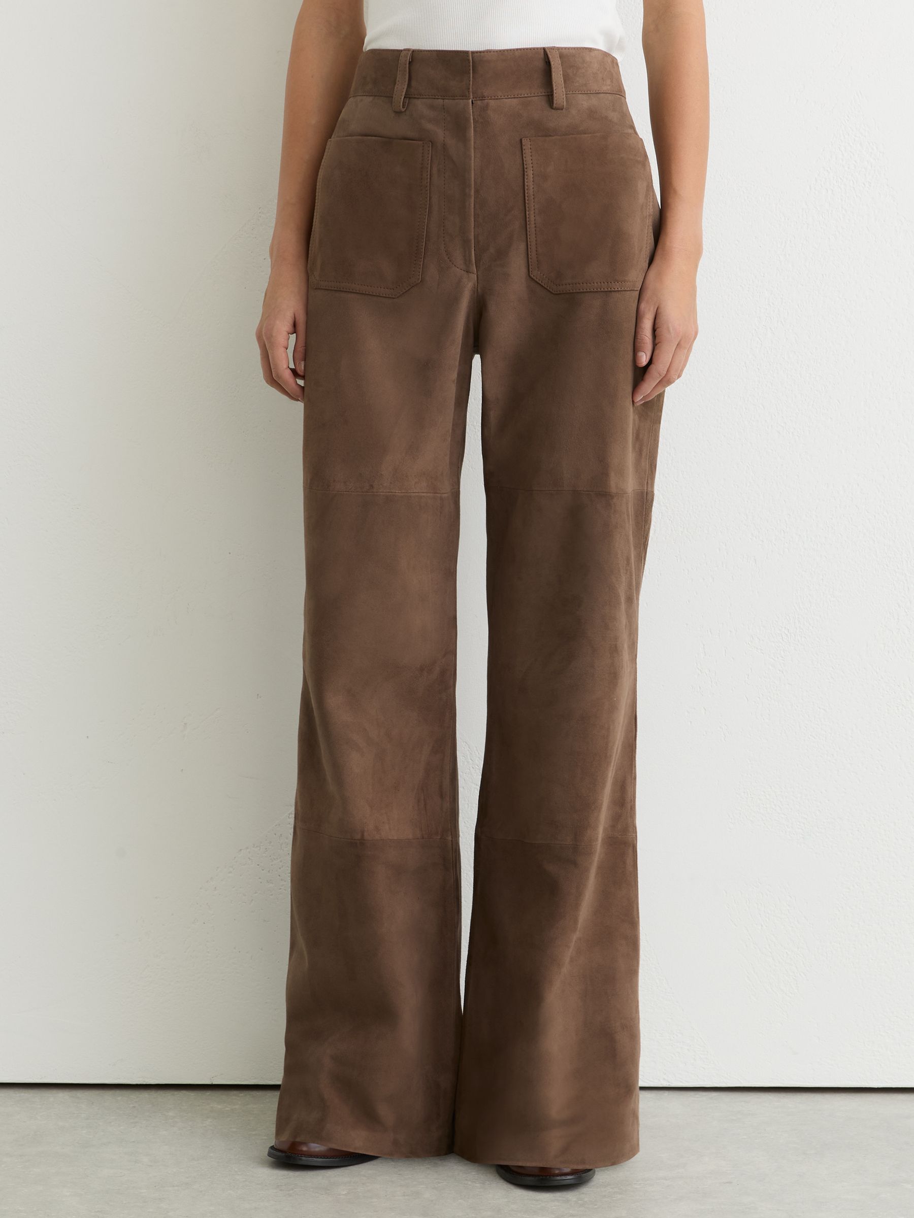 Suede Patch-Pocket Flared Trousers in Taupe Neutral - Image 3 of 7