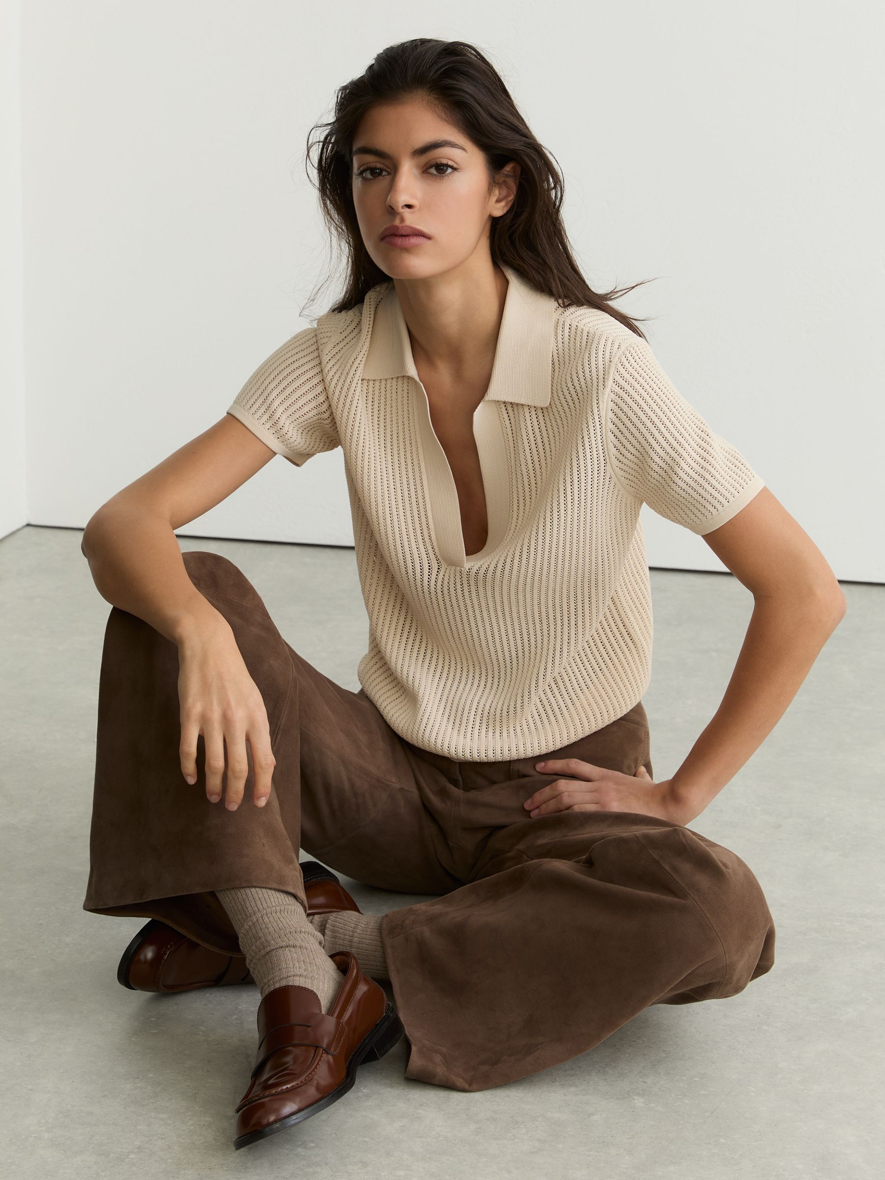 Suede High-Rise Flared Trousers in Taupe Neutral - image 4