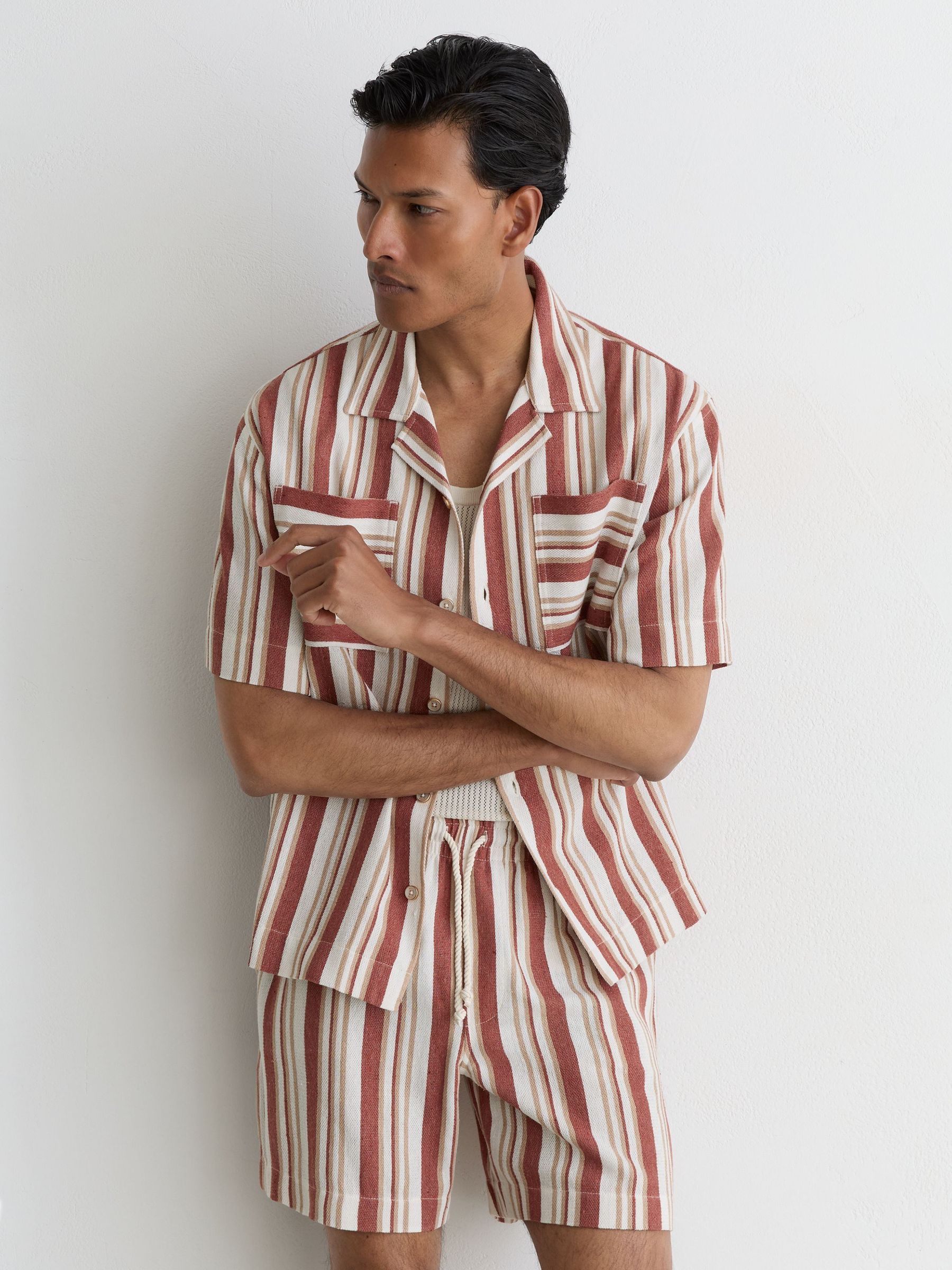 Striped Drawstring Shorts in Red/Stone - Image 1 of 6 Striped Drawstring Shorts in Red/Stone - Image 1 of 6
