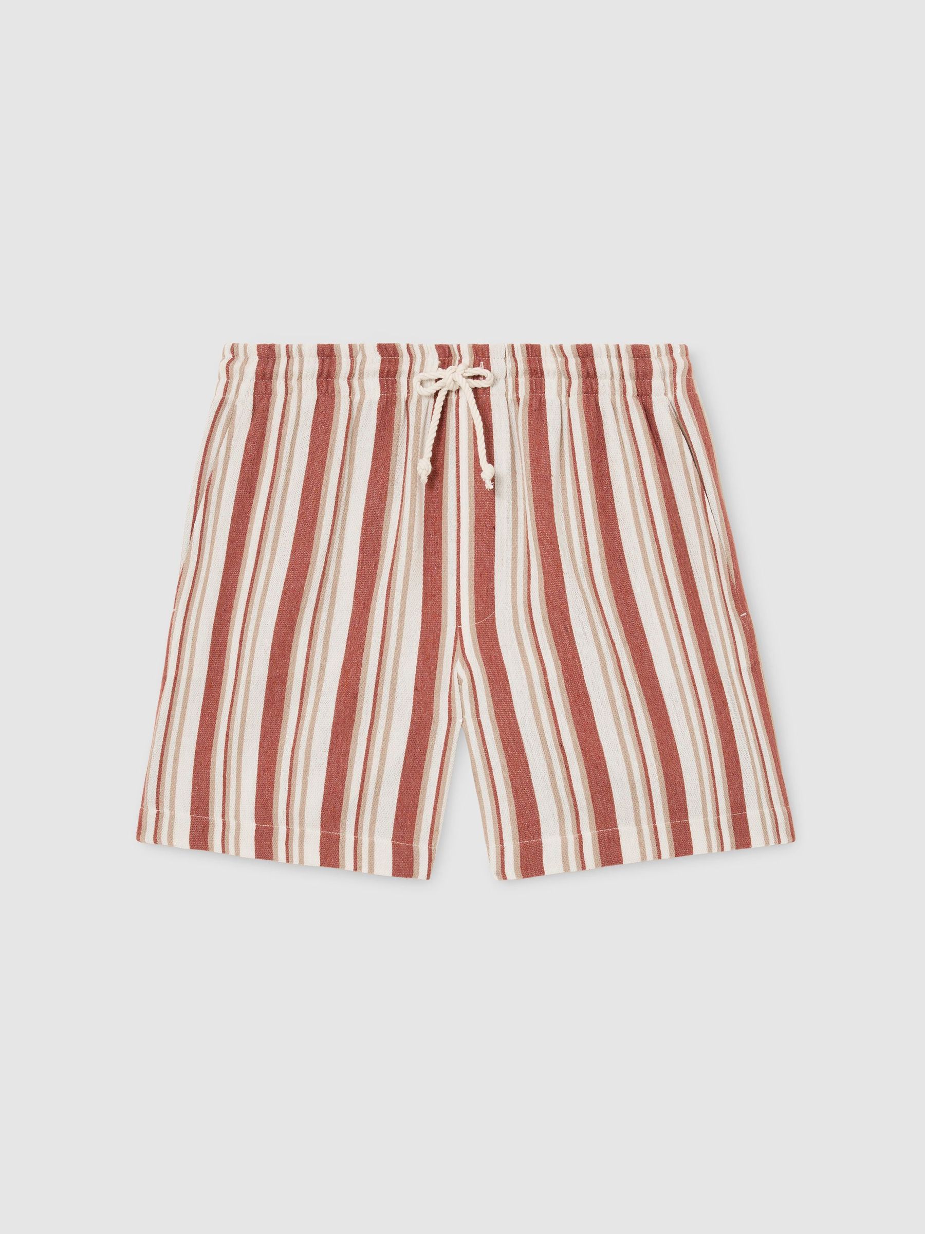 Striped Drawstring Shorts in Red/Stone - Image 2 of 6 Striped Drawstring Shorts in Red/Stone - Image 2 of 6
