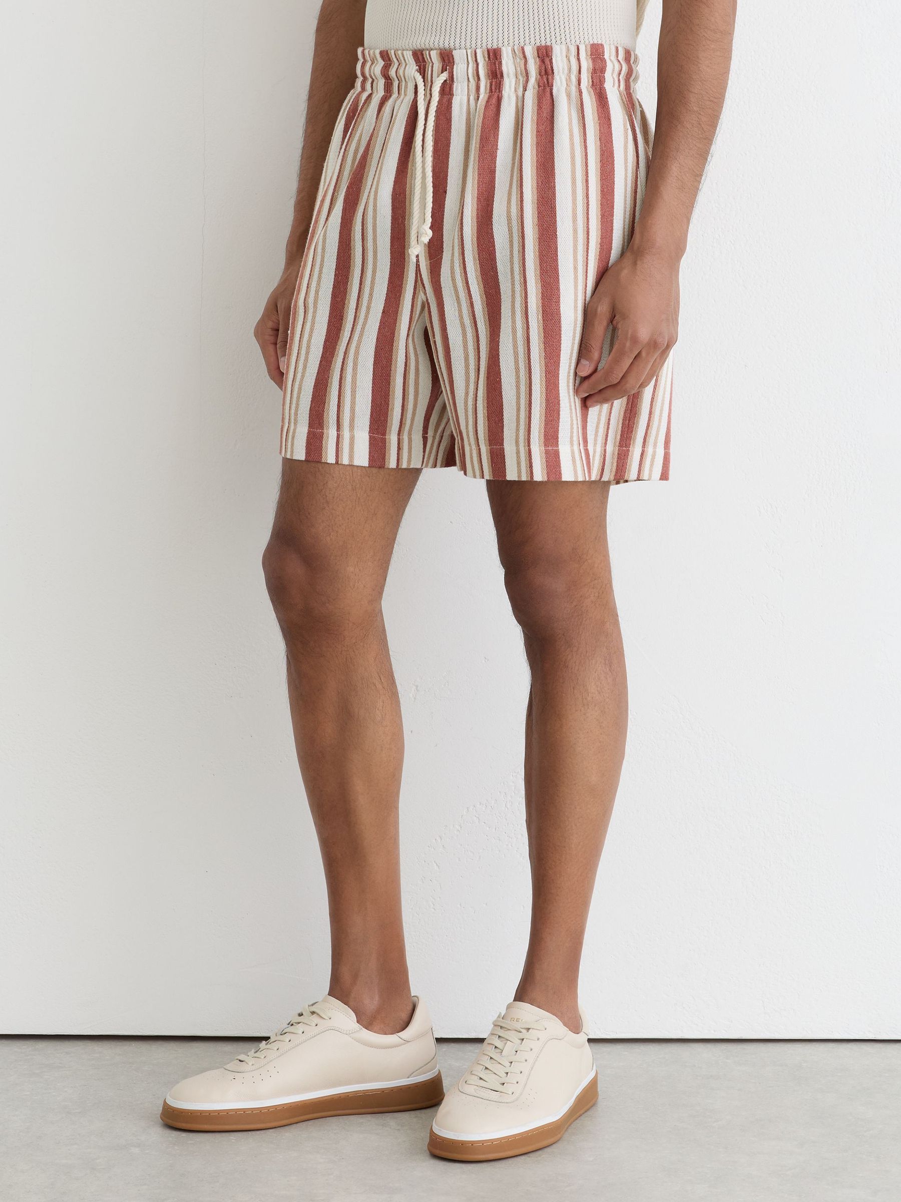 Striped Drawstring Shorts in Red/Stone - Image 3 of 6