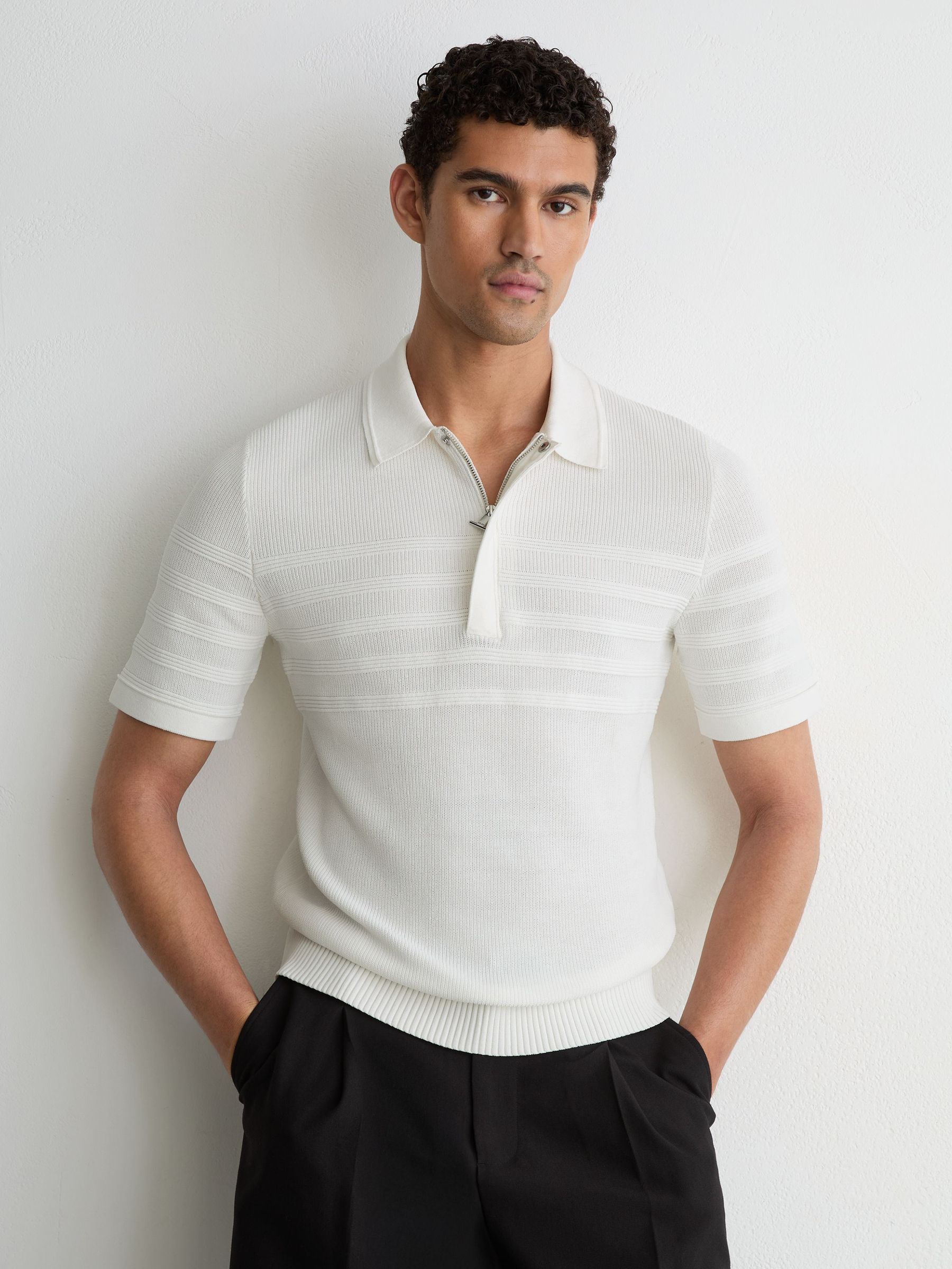 Cotton-Blend Textured-Knit Half-Zip Polo Shirt in White - Image 1 of 6 Cotton-Blend Textured-Knit Half-Zip Polo Shirt in White - Image 1 of 6