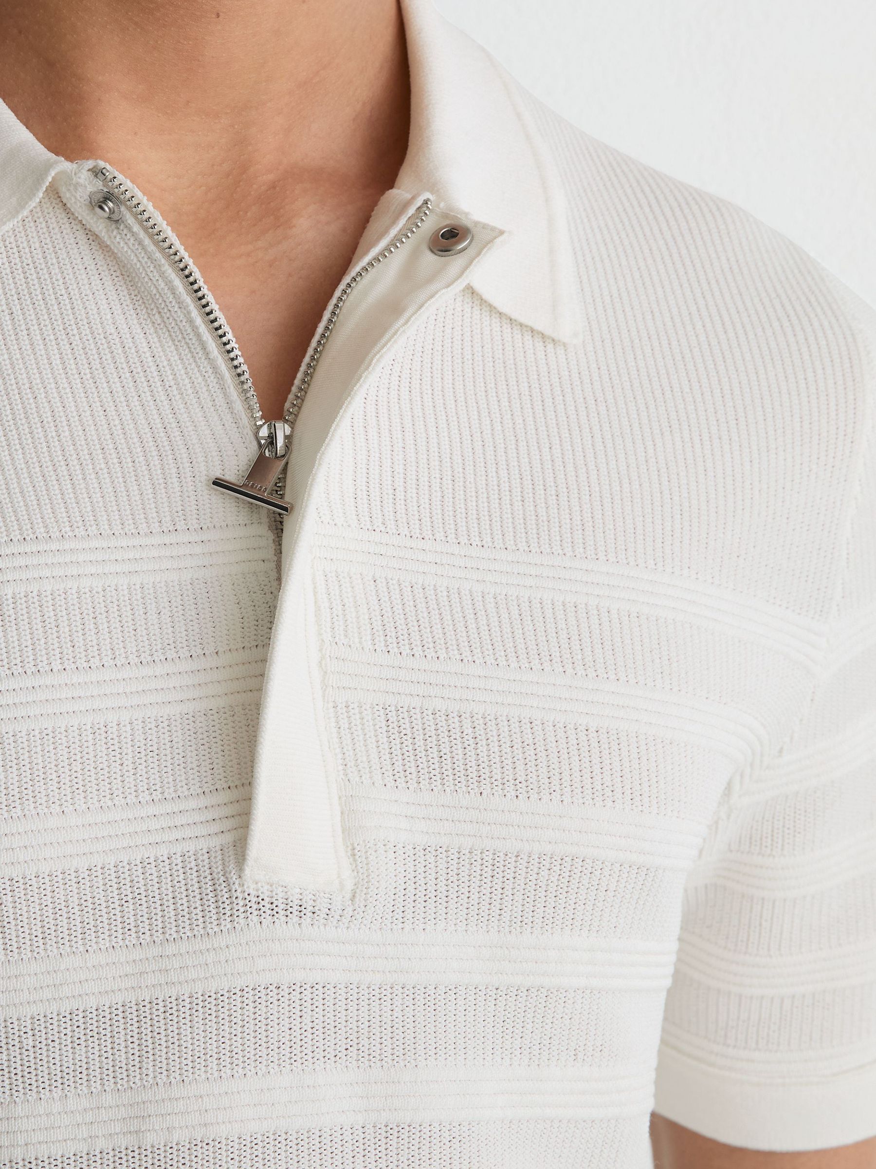 Cotton-Blend Textured-Knit Half-Zip Polo Shirt in White - Image 3 of 6