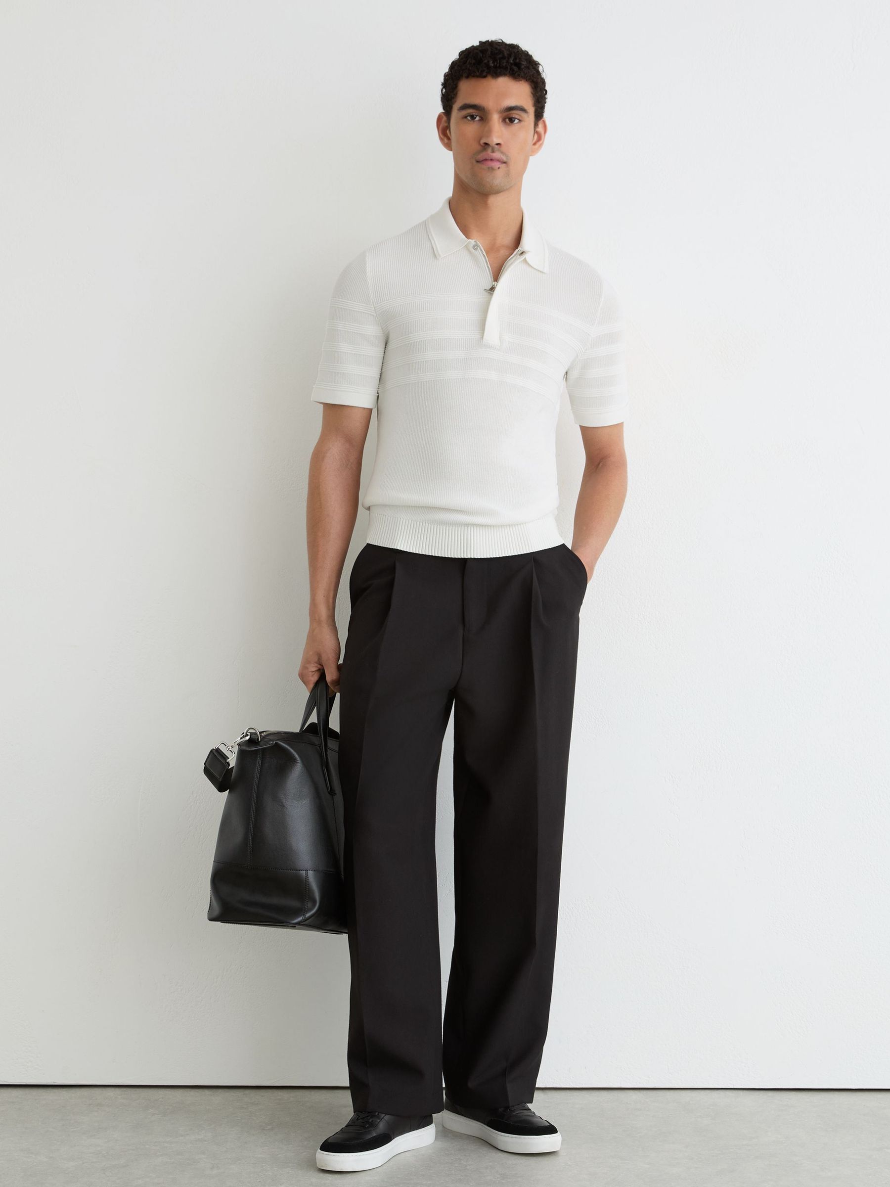 Cotton-Blend Textured-Knit Half-Zip Polo Shirt in White - Image 4 of 6