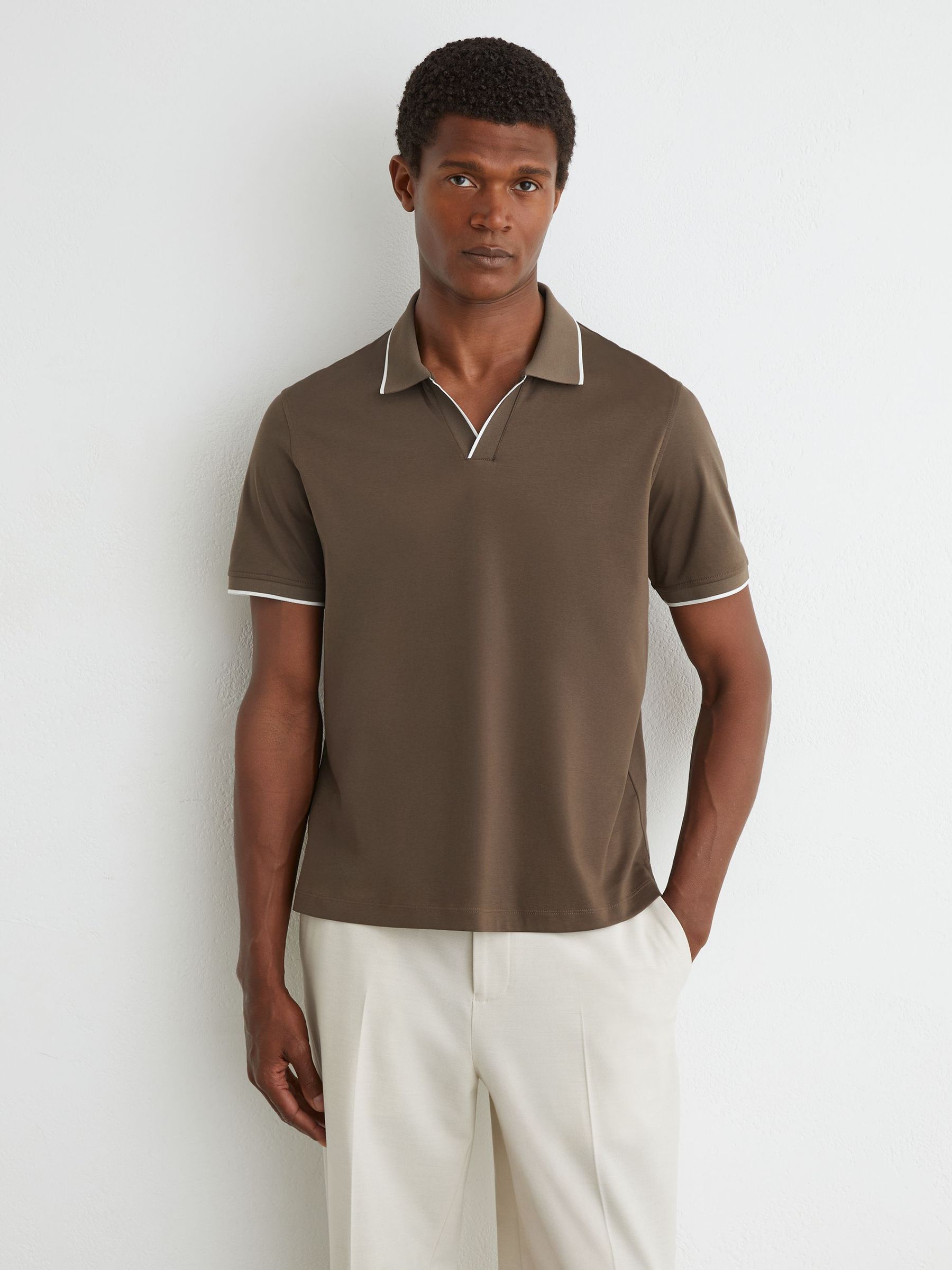 Air-Water Cotton Tipped Polo Shirt in Taupe Brown - Image 1 of 6