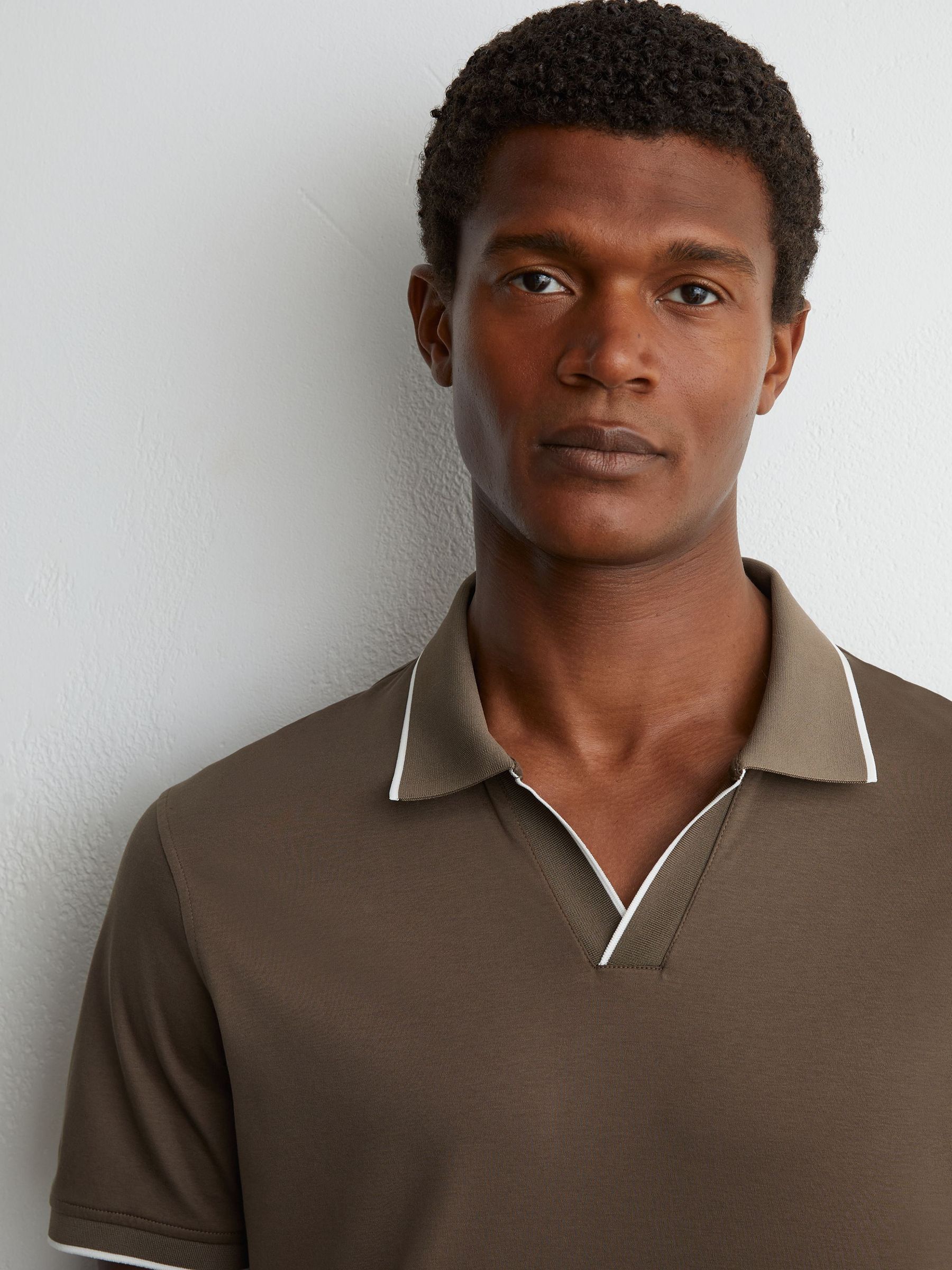 Air-Water Cotton Tipped Polo Shirt in Taupe Brown - Image 3 of 6