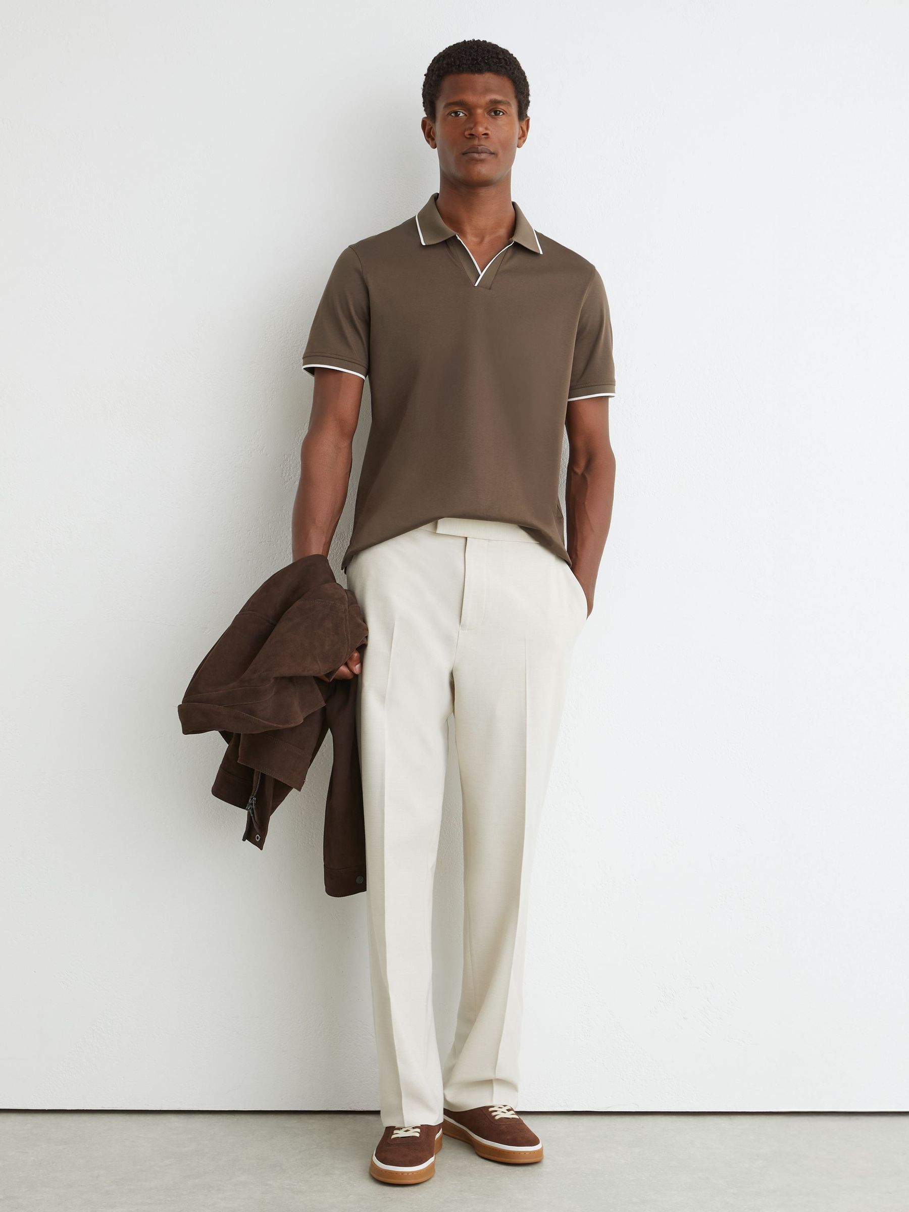 Air-Water Cotton Tipped Polo Shirt in Taupe Brown - Image 4 of 6