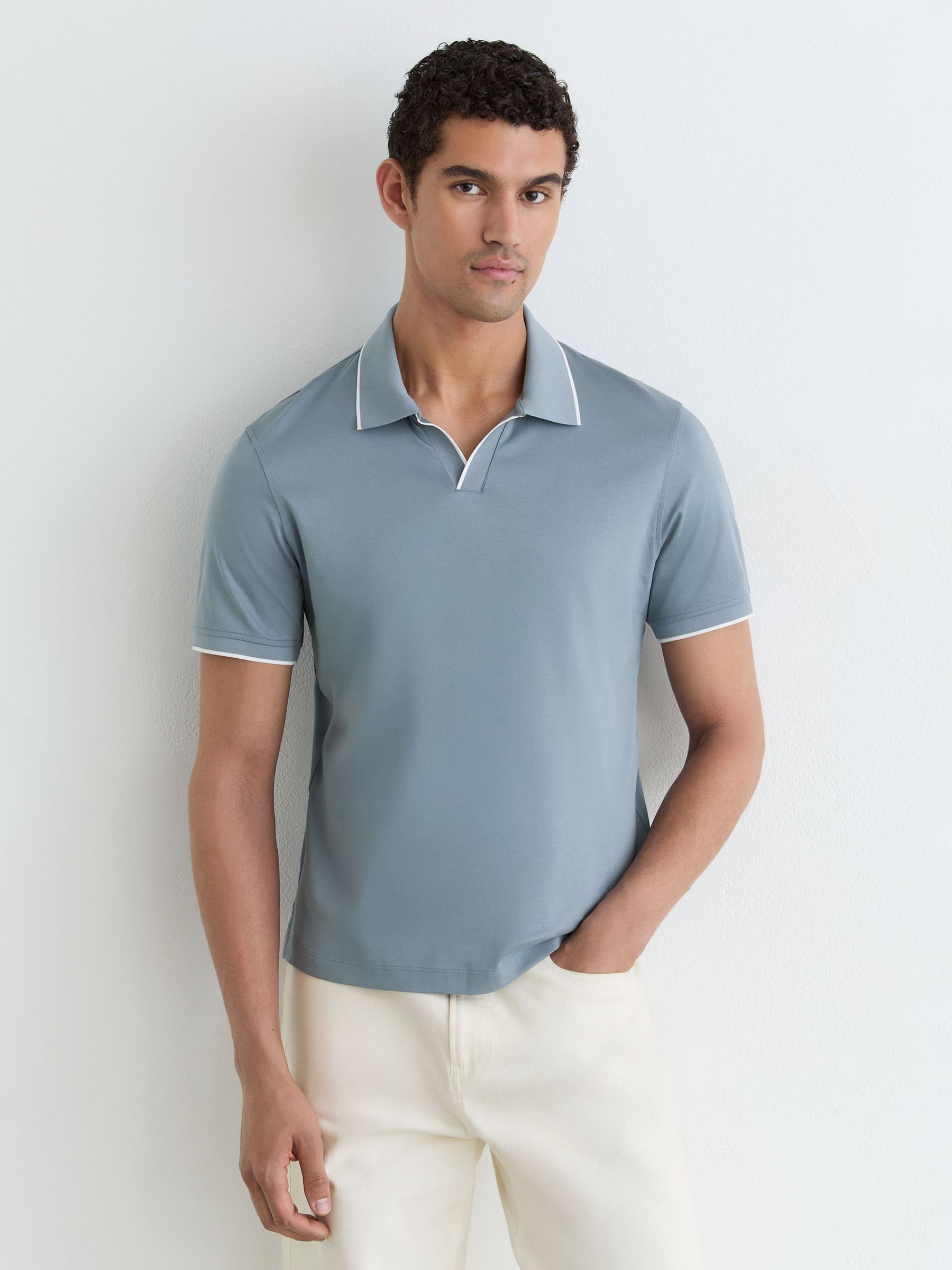 Air-Water Cotton Tipped Polo Shirt in Dusty Blue - Image 1 of 6 Air-Water Cotton Tipped Polo Shirt in Dusty Blue - Image 1 of 6
