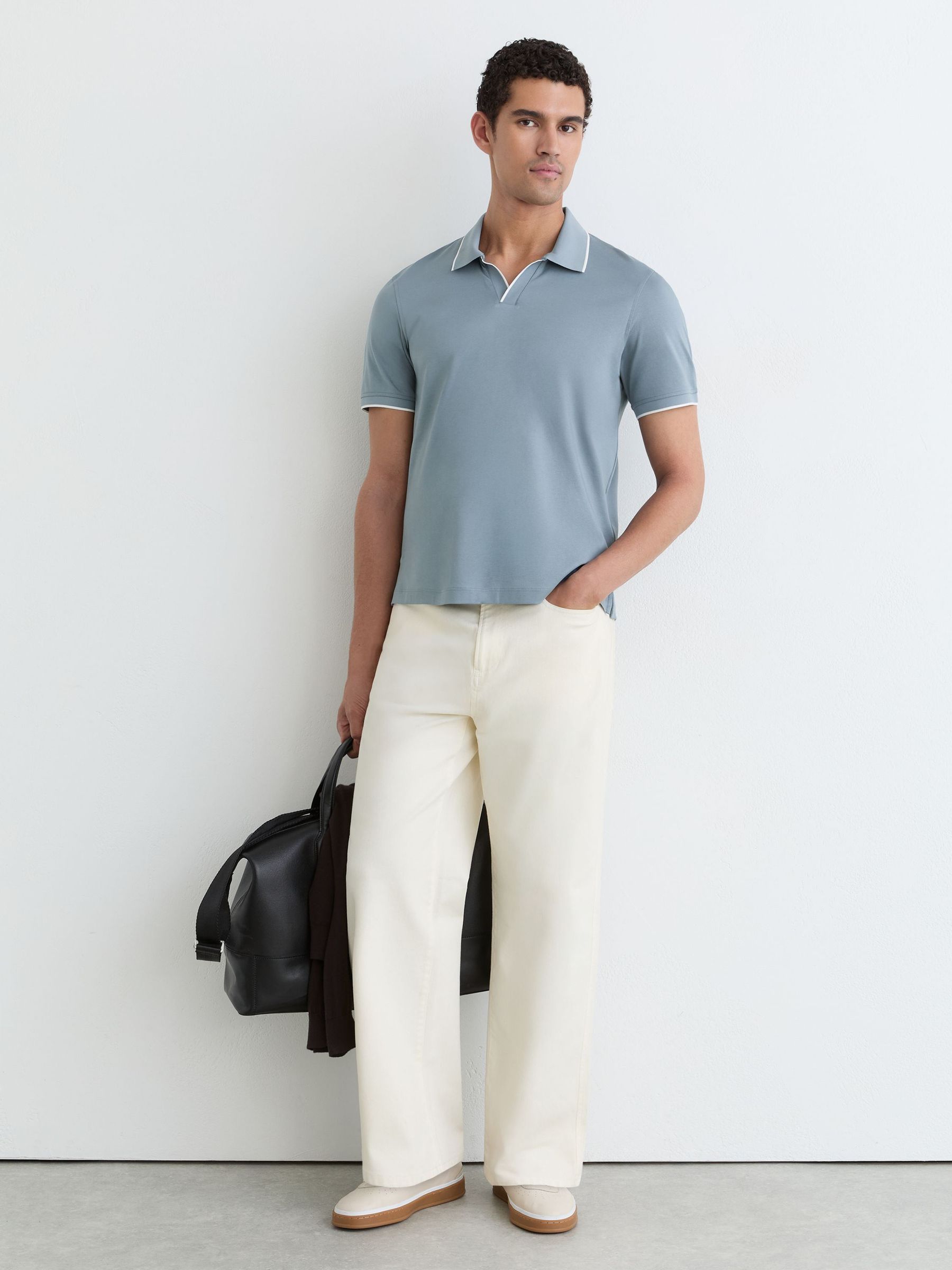Air-Water Cotton Tipped Polo Shirt in Dusty Blue - Image 4 of 6