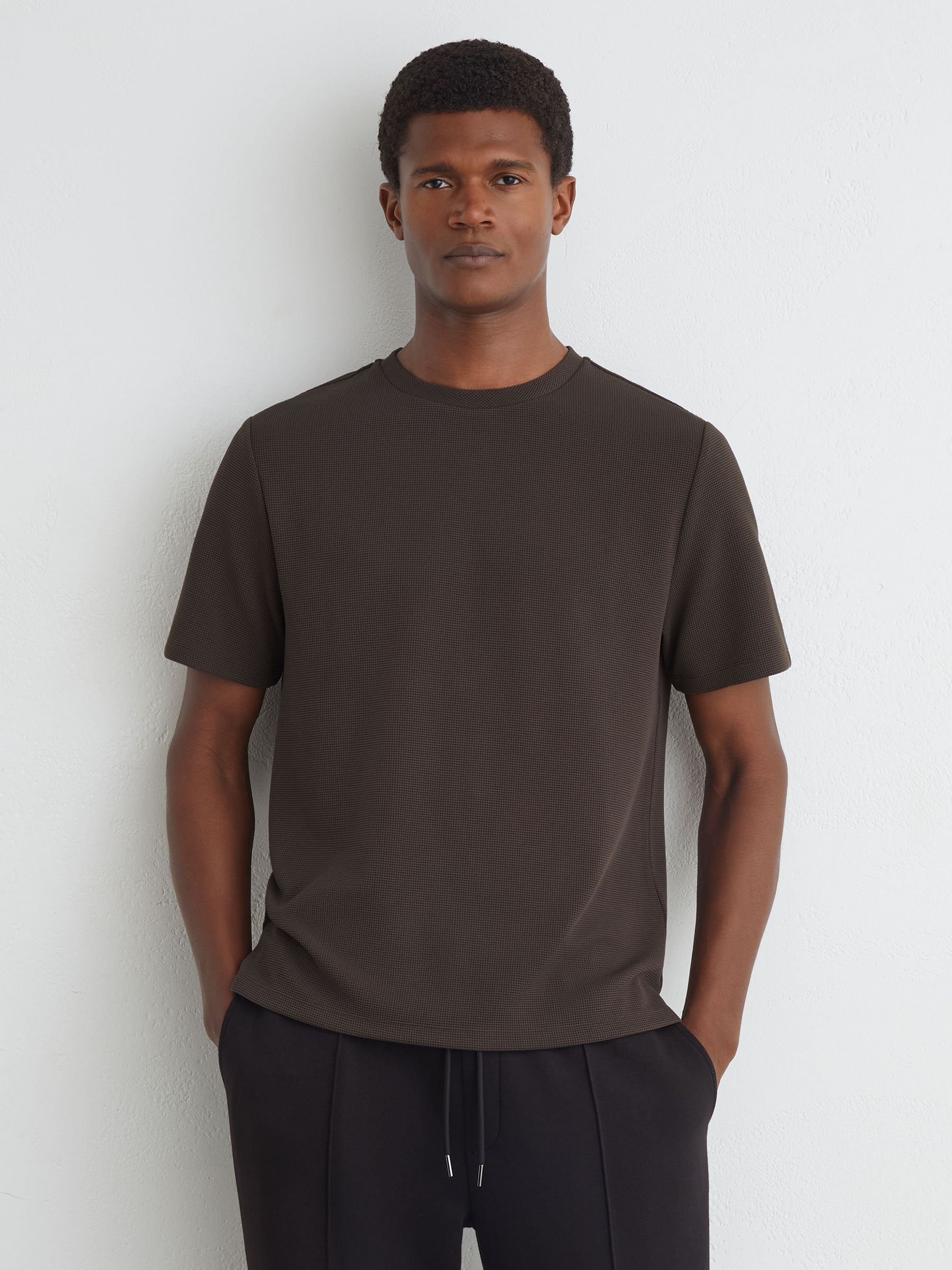 Textured Modern-Fit Crew-Neck T-Shirt in Brown - Image 1 of 6 Textured Modern-Fit Crew-Neck T-Shirt in Brown - Image 1 of 6
