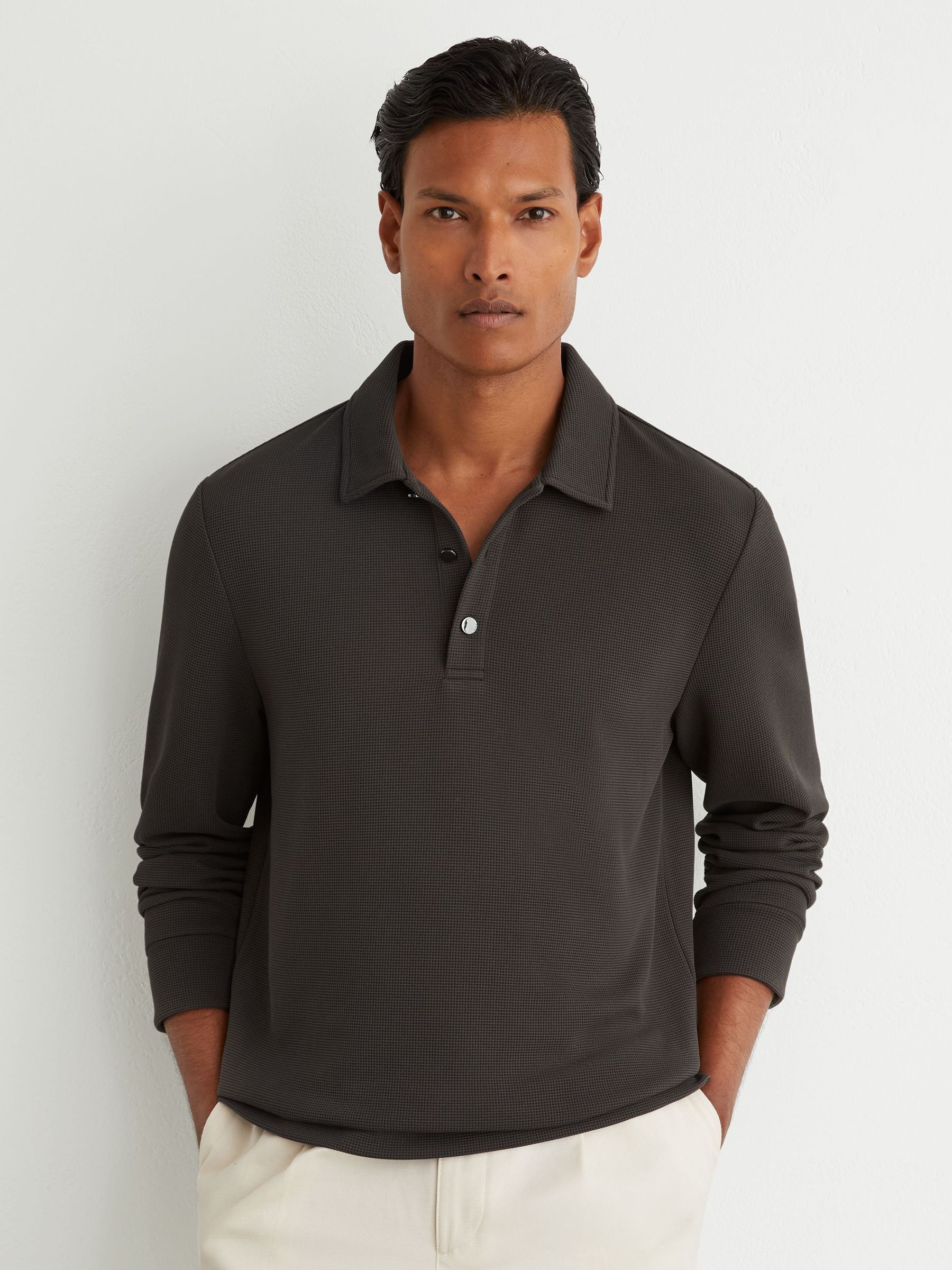 Textured Long-Sleeve Polo Shirt in Brown - Image 1 of 6