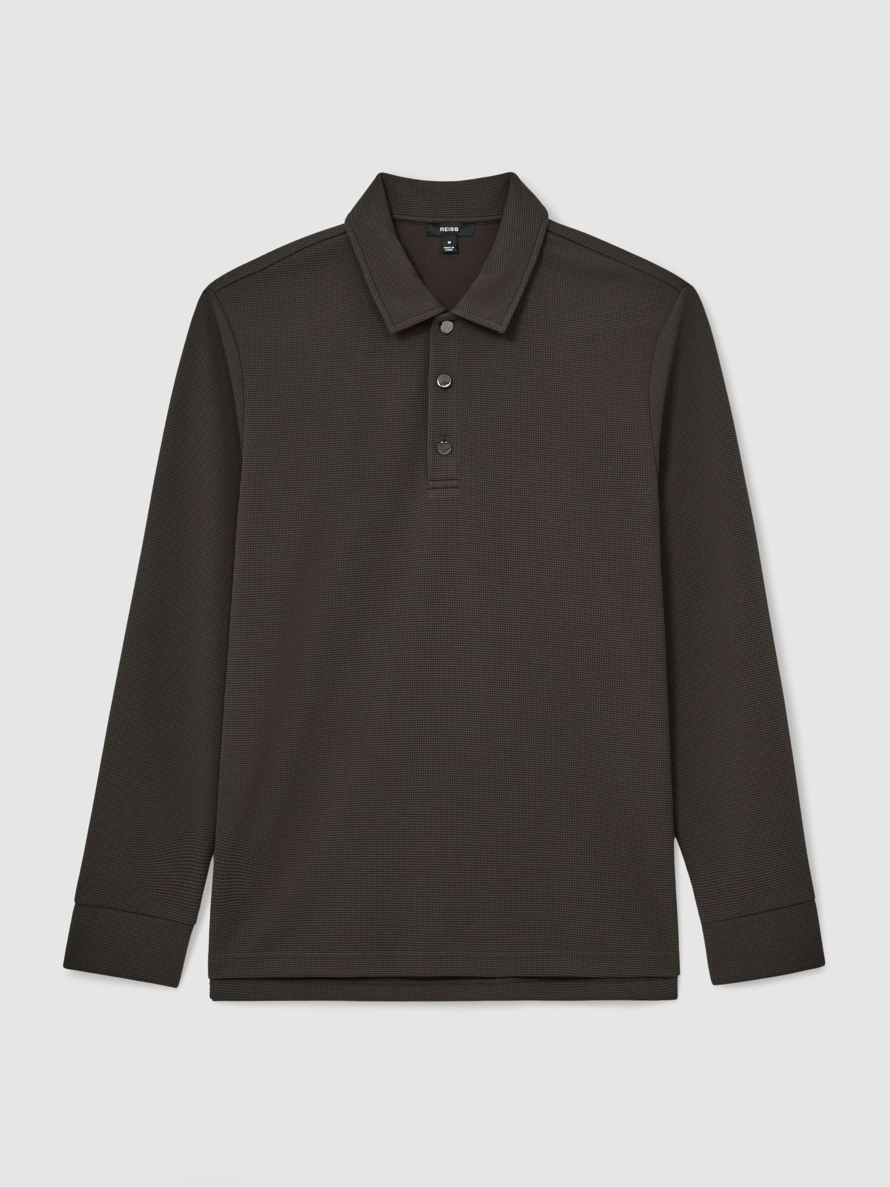 Textured Long-Sleeve Polo Shirt in Brown - Image 2 of 6