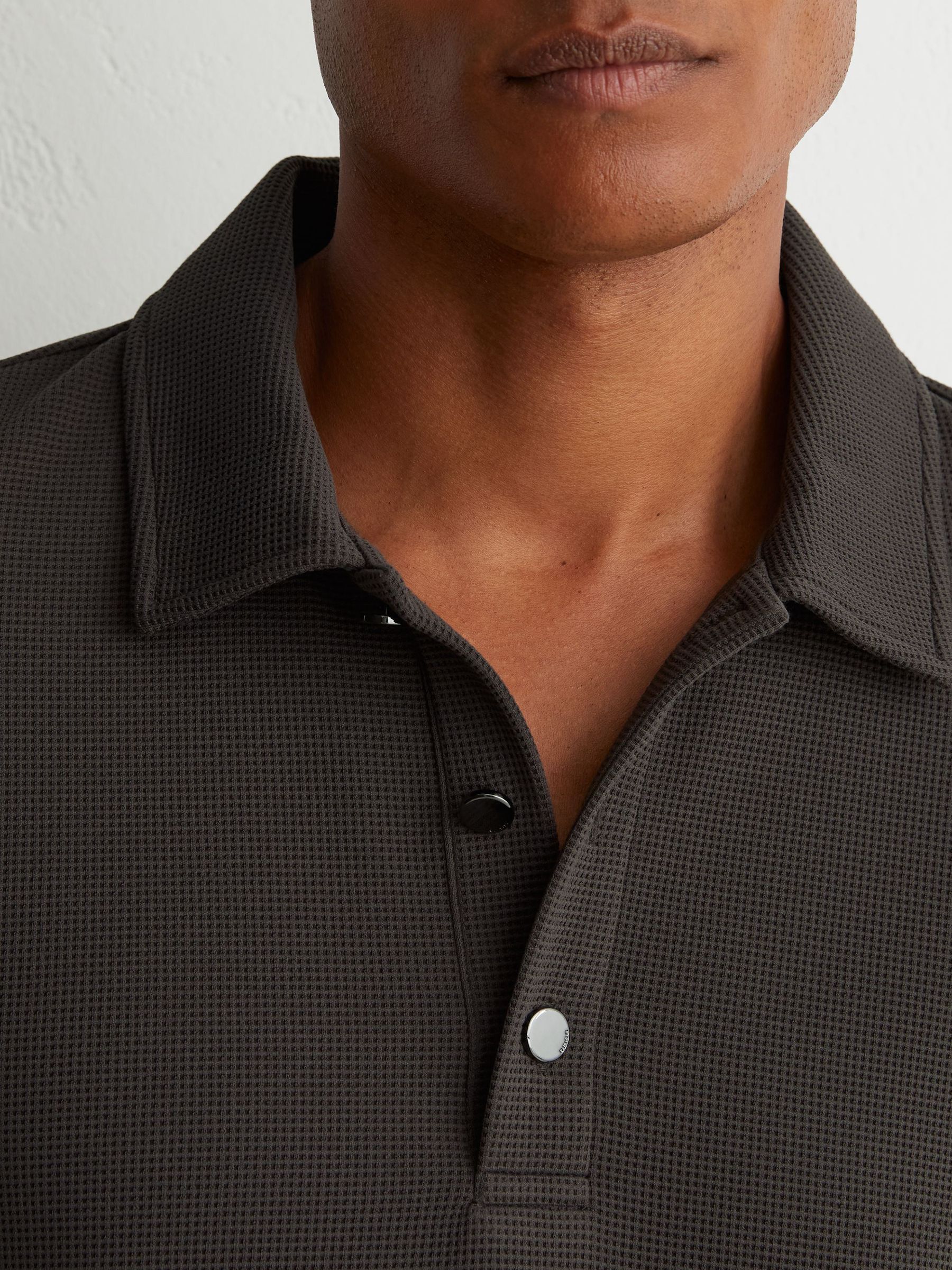 Textured Long-Sleeve Polo Shirt in Brown - Image 3 of 6