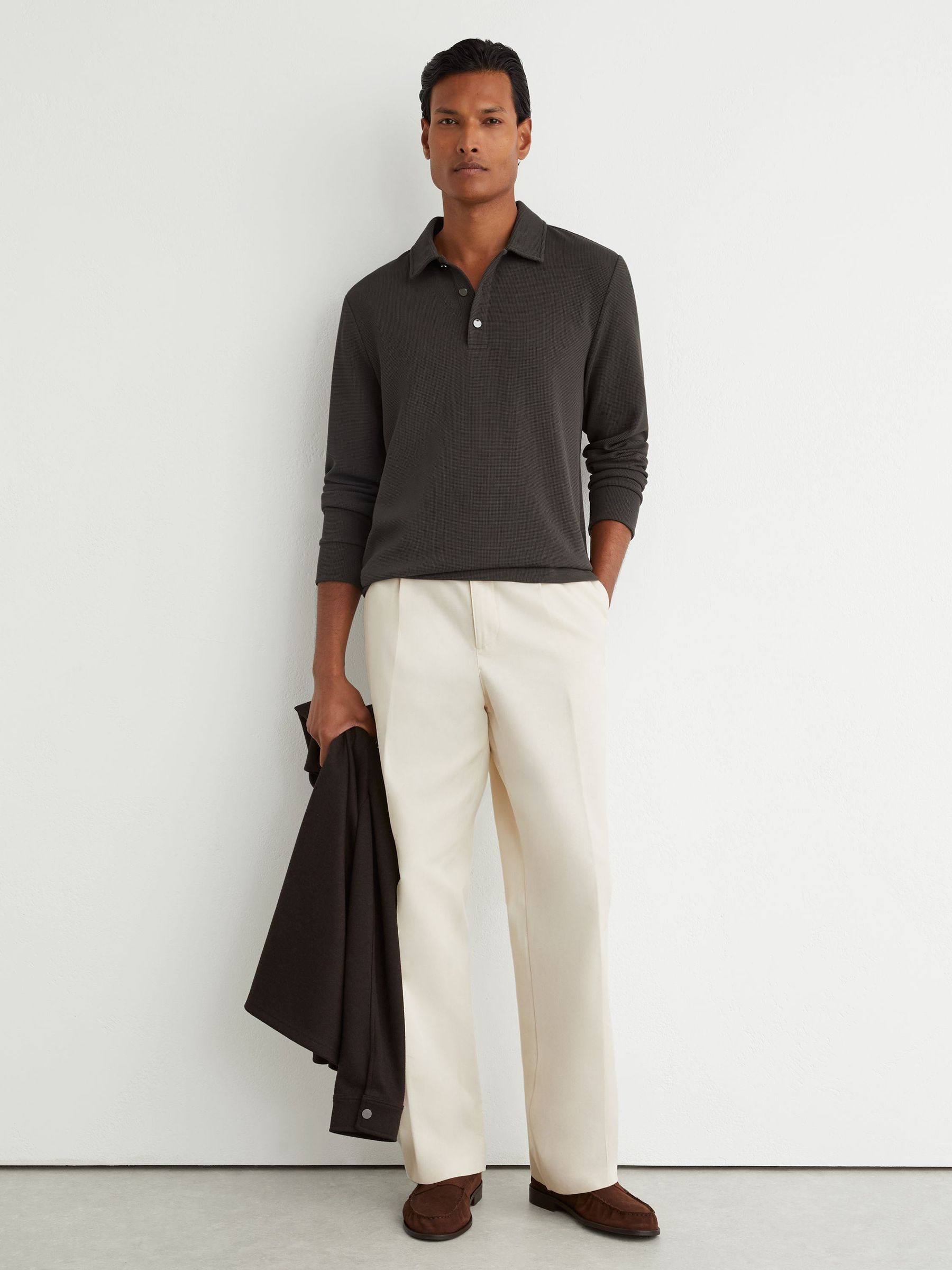 Textured Long-Sleeve Polo Shirt in Brown - Image 4 of 6