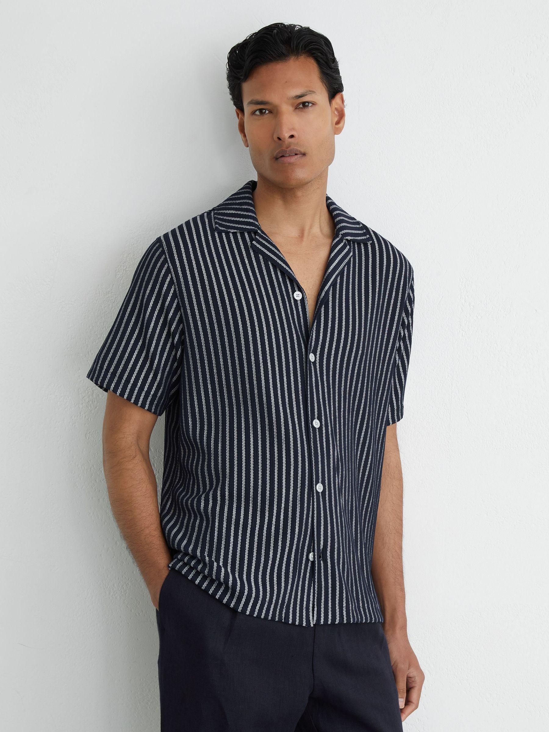 Textured Stripe Cuban-Collar Shirt in Navy/White - Image 1 of 6