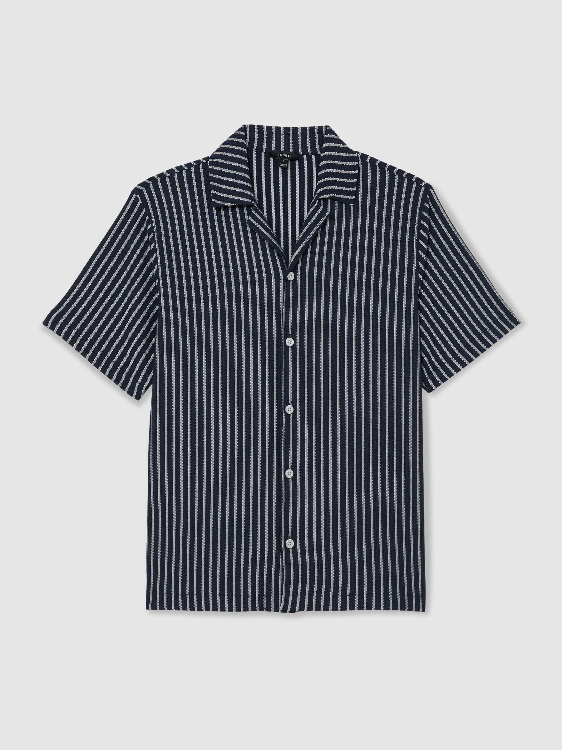 Textured Stripe Cuban-Collar Shirt in Navy/White - Image 2 of 6
