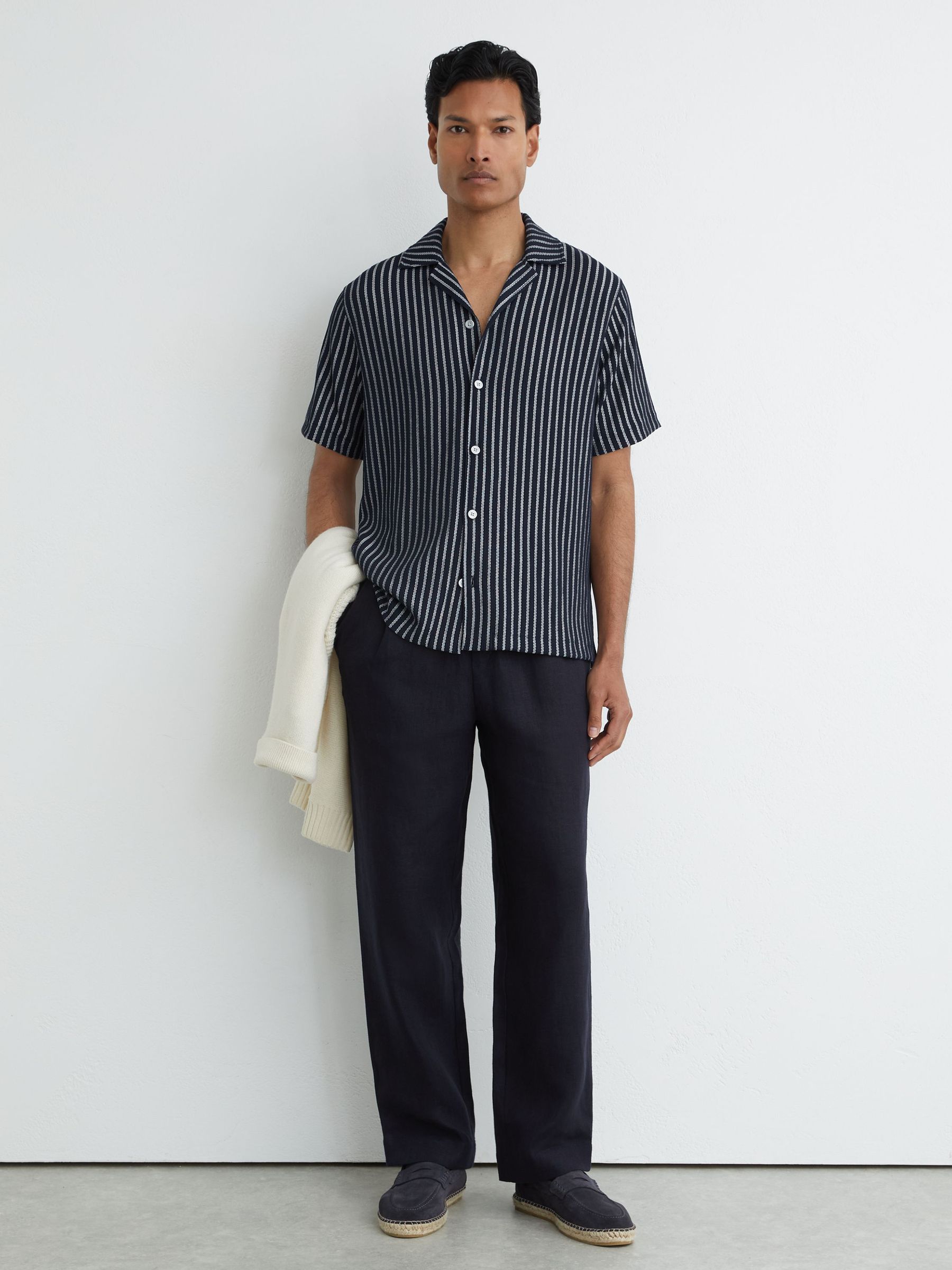 Textured Stripe Cuban-Collar Shirt in Navy/White - Image 4 of 6