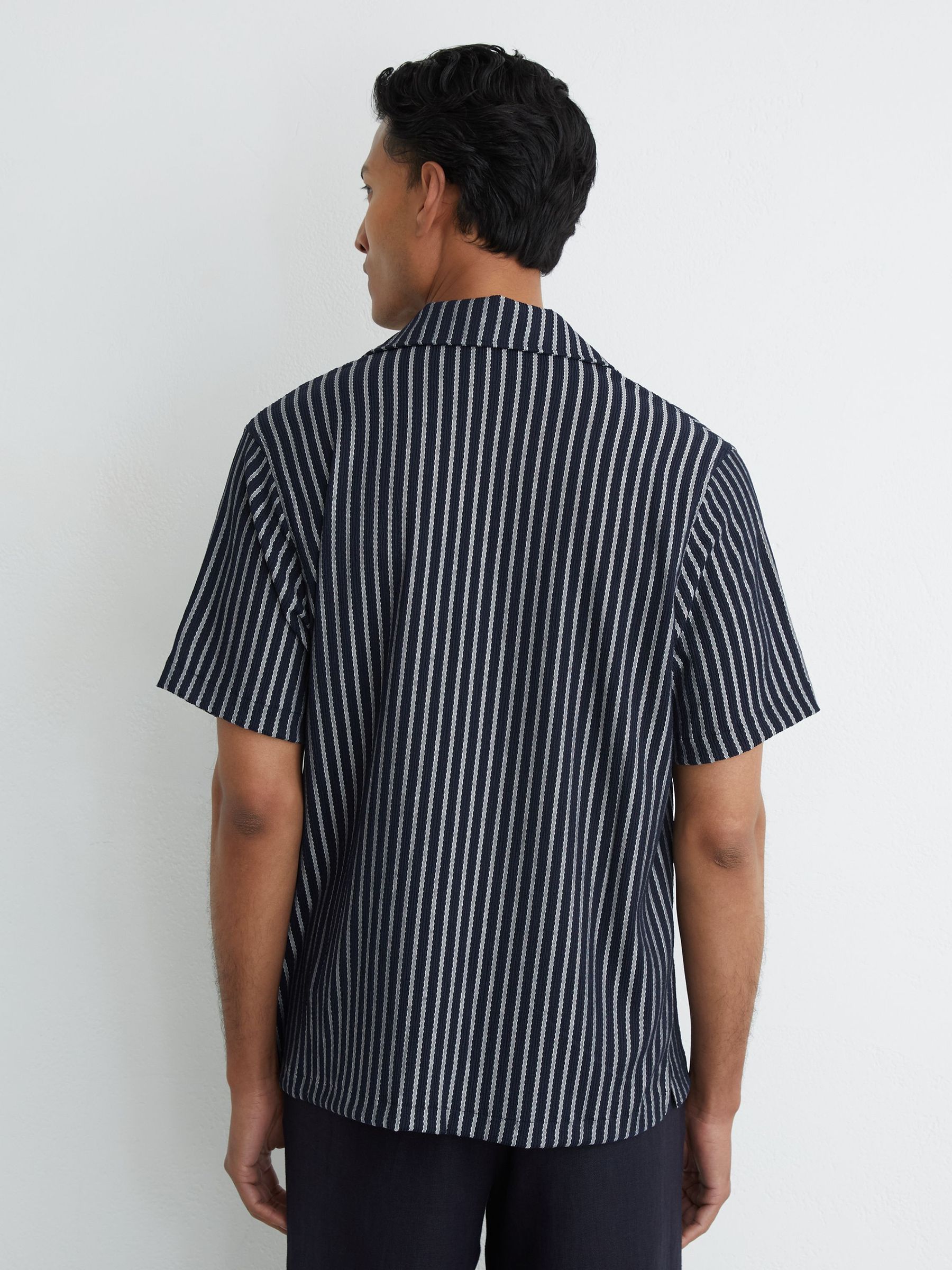 Textured Stripe Cuban-Collar Shirt in Navy/White - Image 5 of 6