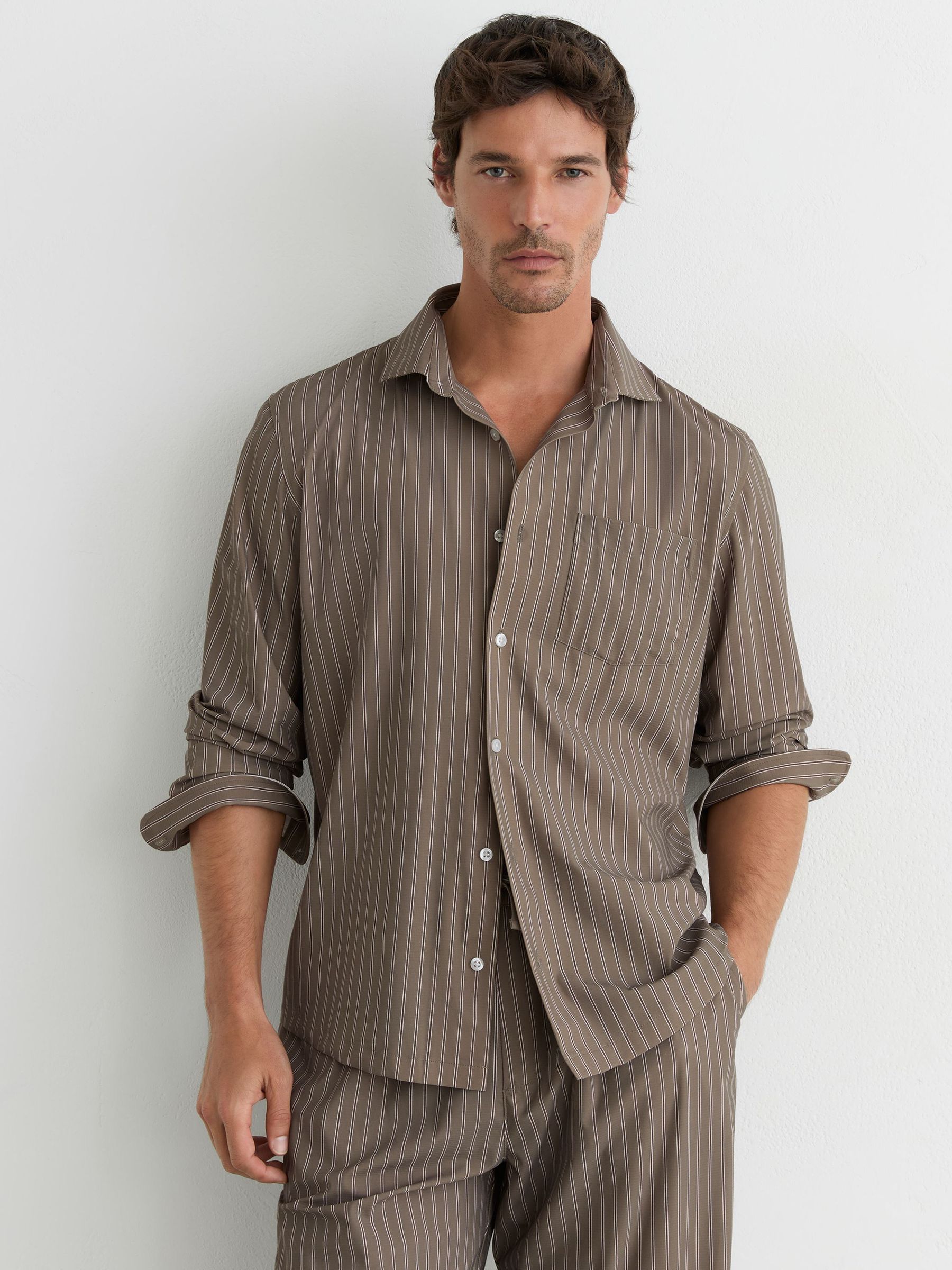 Stripe Long-Sleeve Regular-Fit Shirt in Taupe Brown - Image 4 of 7