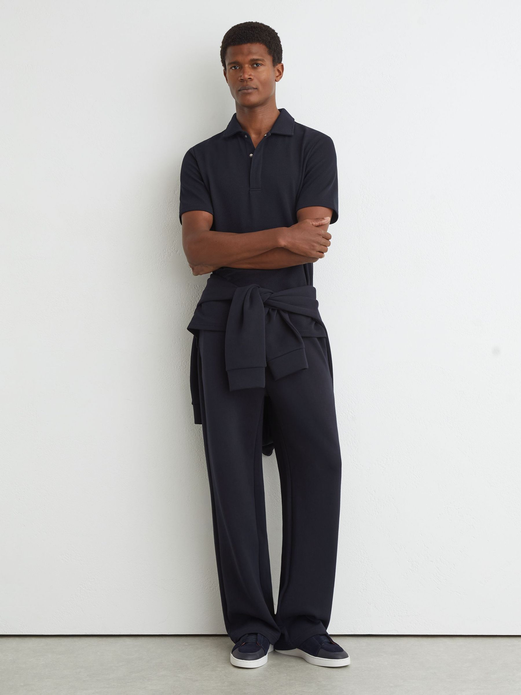 Textured Concealed-Placket Polo Shirt in Navy - Image 3 of 7