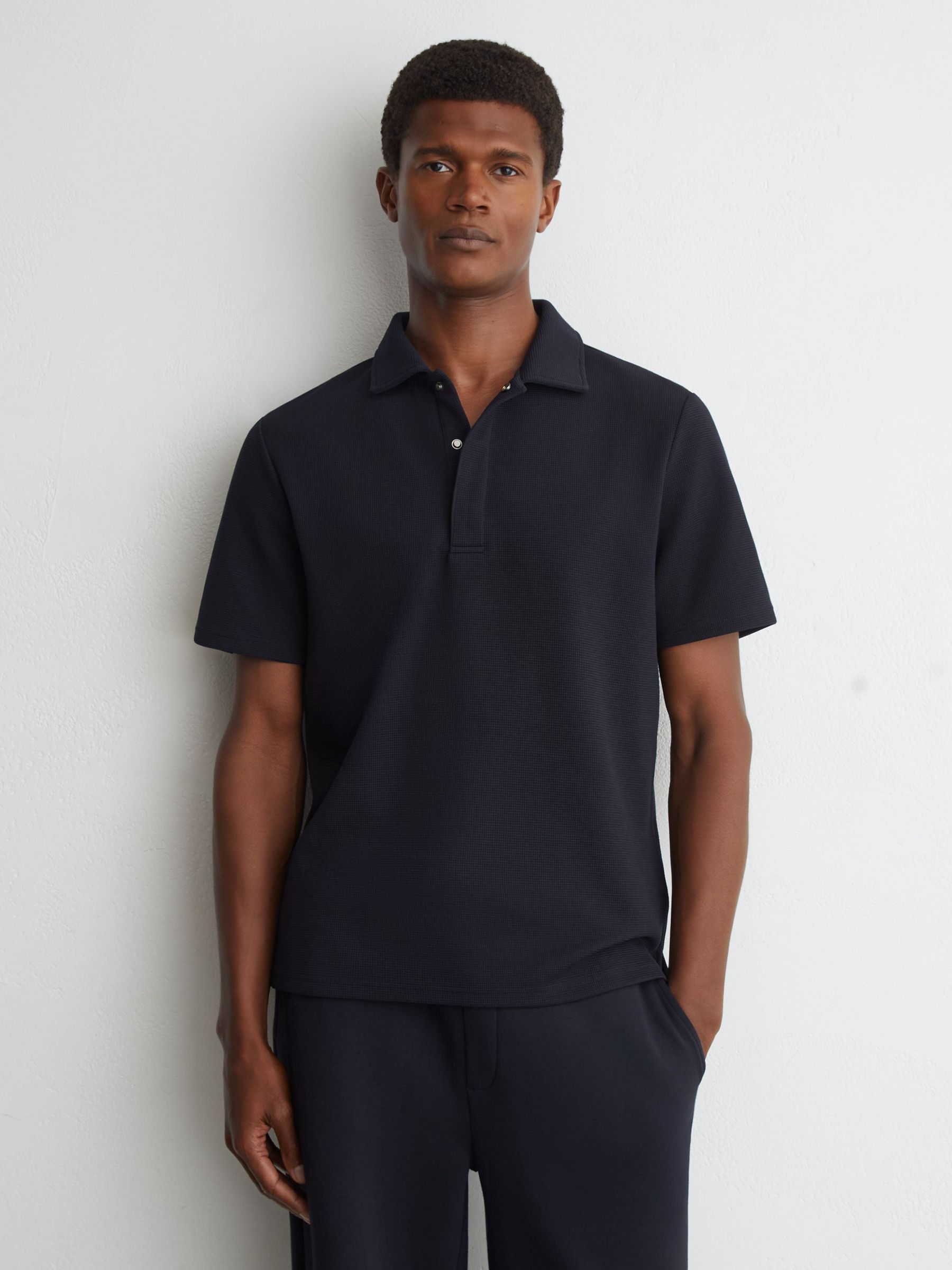 Textured Concealed-Placket Polo Shirt in Navy - Image 4 of 7