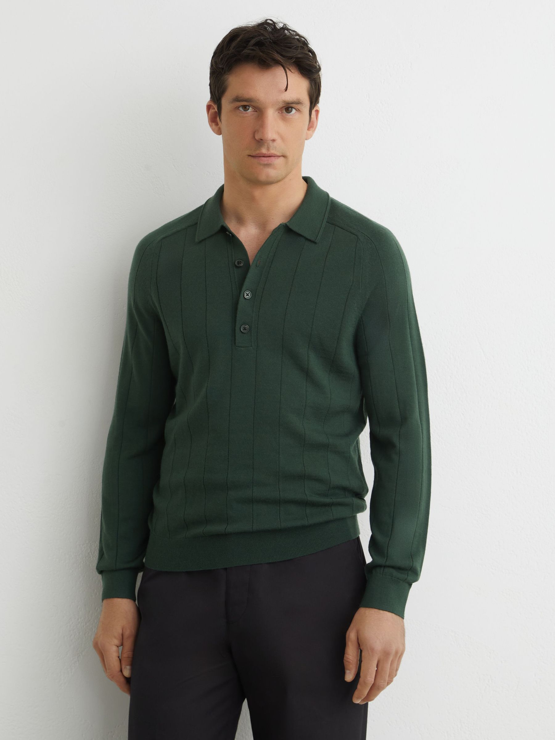 Merino Wool Wide-Rib Polo Jumper in Dark Green - Image 1 of 6