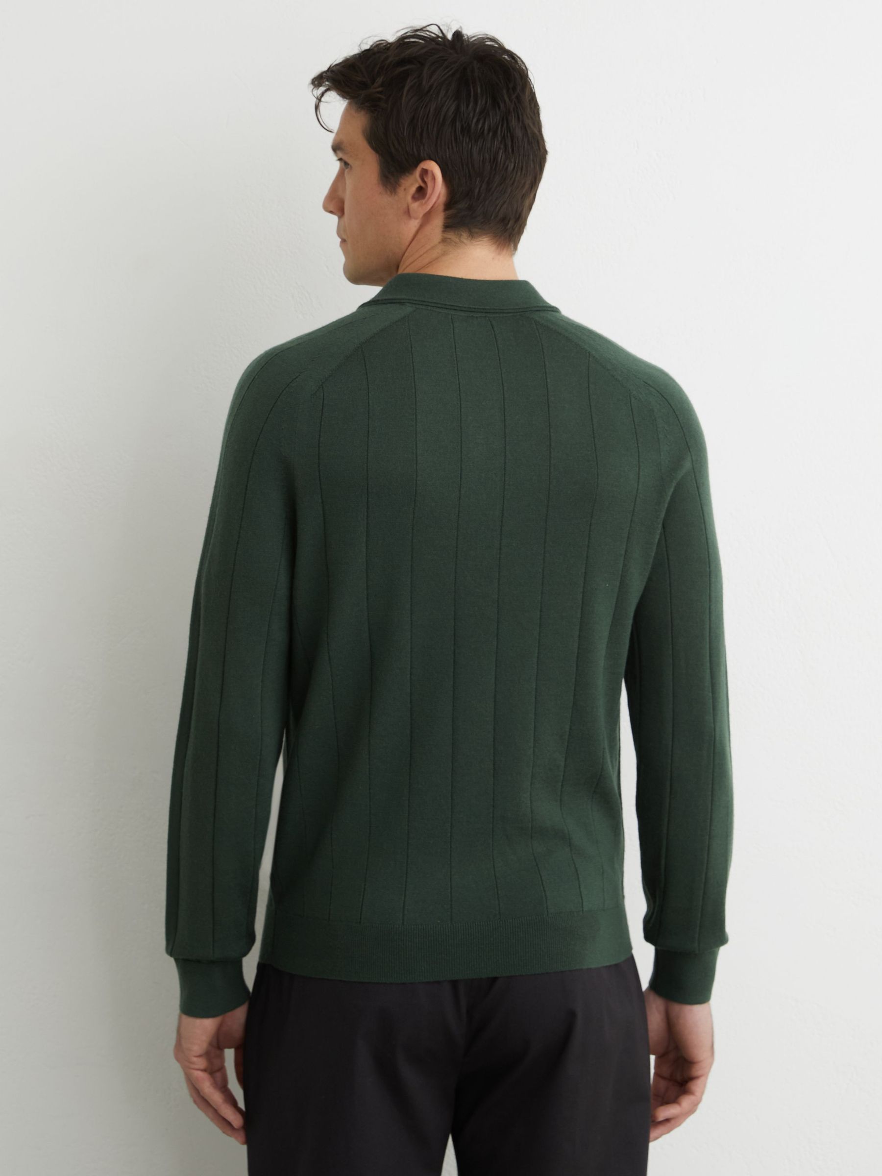 Merino Wool Wide-Rib Polo Jumper in Dark Green - Image 4 of 6
